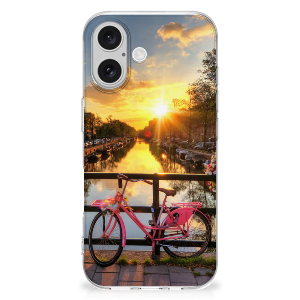 iPhone 16 Siliconen Back Cover Amsterdamse Grachten fiets zonsondergang uitzicht