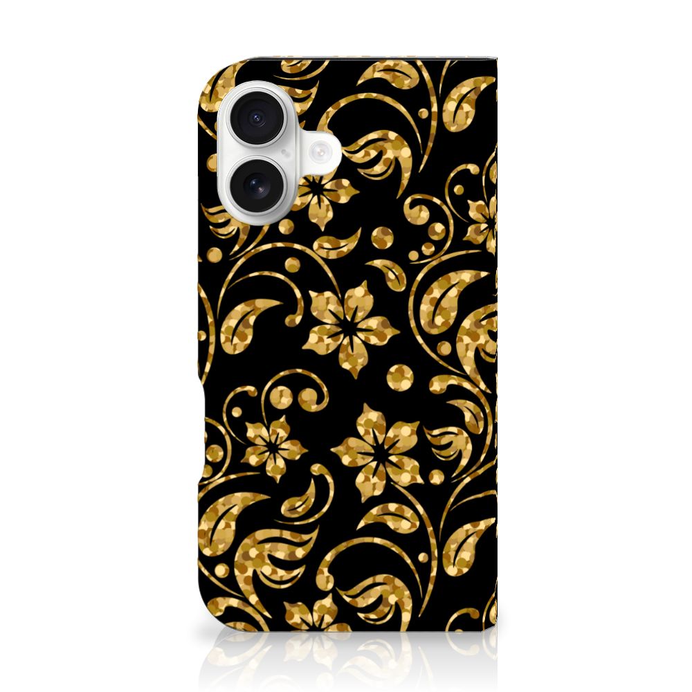 iPhone 16 Smart Cover Gouden Bloemen bloemen zwart design achteraanzicht