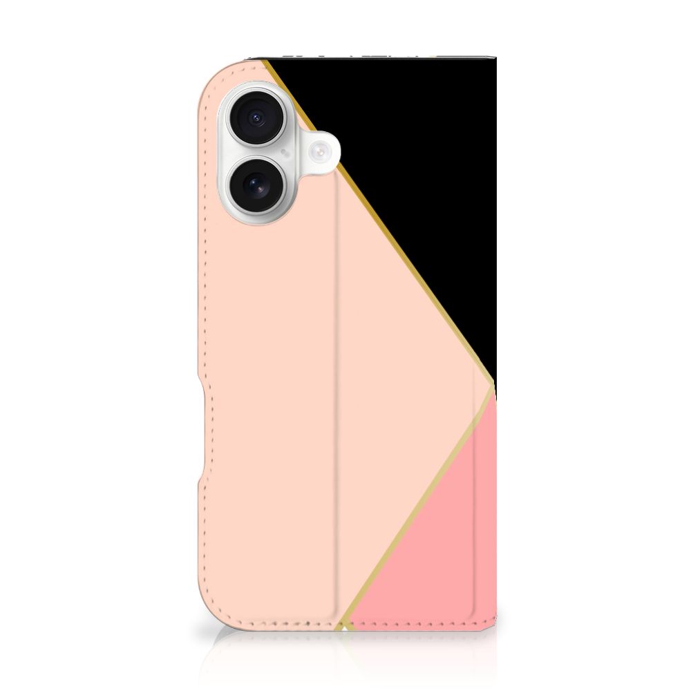 Apple iPhone 16 Stand Case Zwart Roze Vormen design Black Pink Shapes vooraan