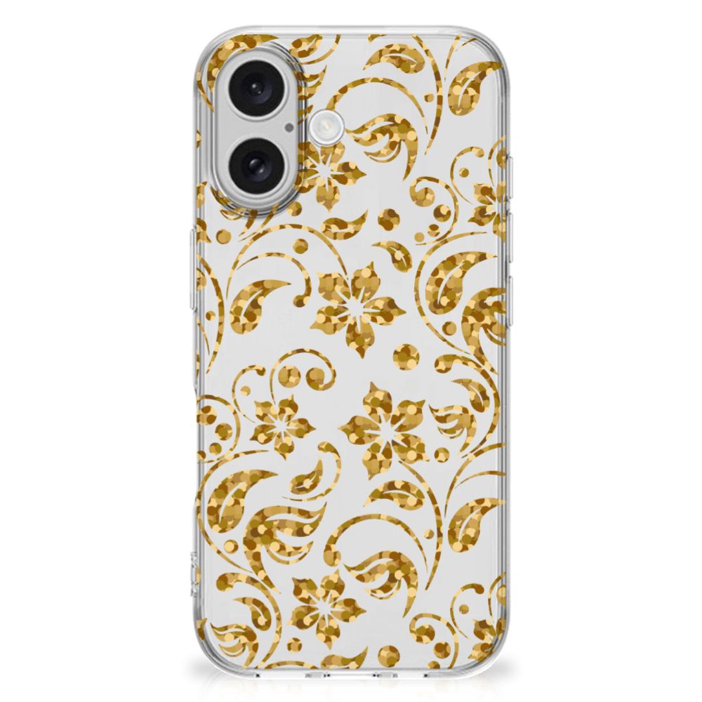 iPhone 16 TPU Case Gouden Bloemen bloemen achterkant transparant