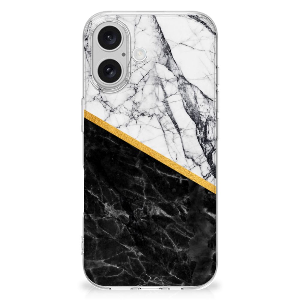 iPhone 16 TPU Siliconen Hoesje Marmer Wit Zwart design marmer voorkant