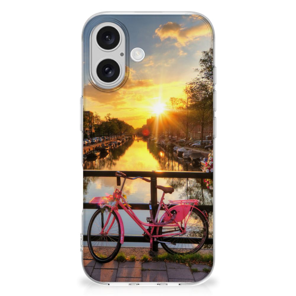 iPhone 16 plus Siliconen Back Cover Amsterdamse Grachten fiets zonsondergang aanzicht