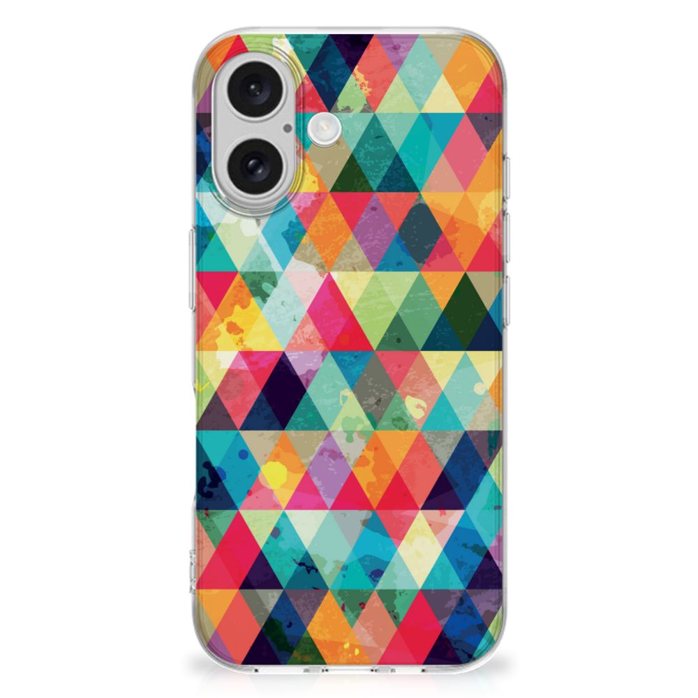 iPhone 16 plus TPU bumper Geruit kleurrijk driehoekig ontwerp achterkant