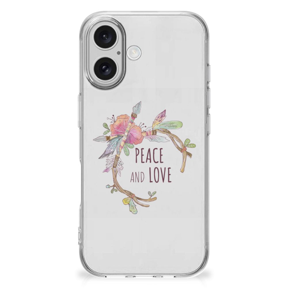 iPhone 16 plus Telefoonhoesje met Naam Boho Text transparant ontwerp peace love aanzicht