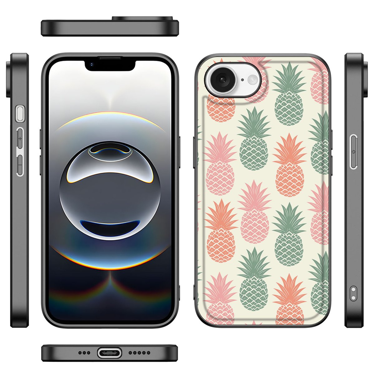 Apple iPhone 16e Back Cover Hoesje Ananas ananas design vooraanzicht zijaanzicht