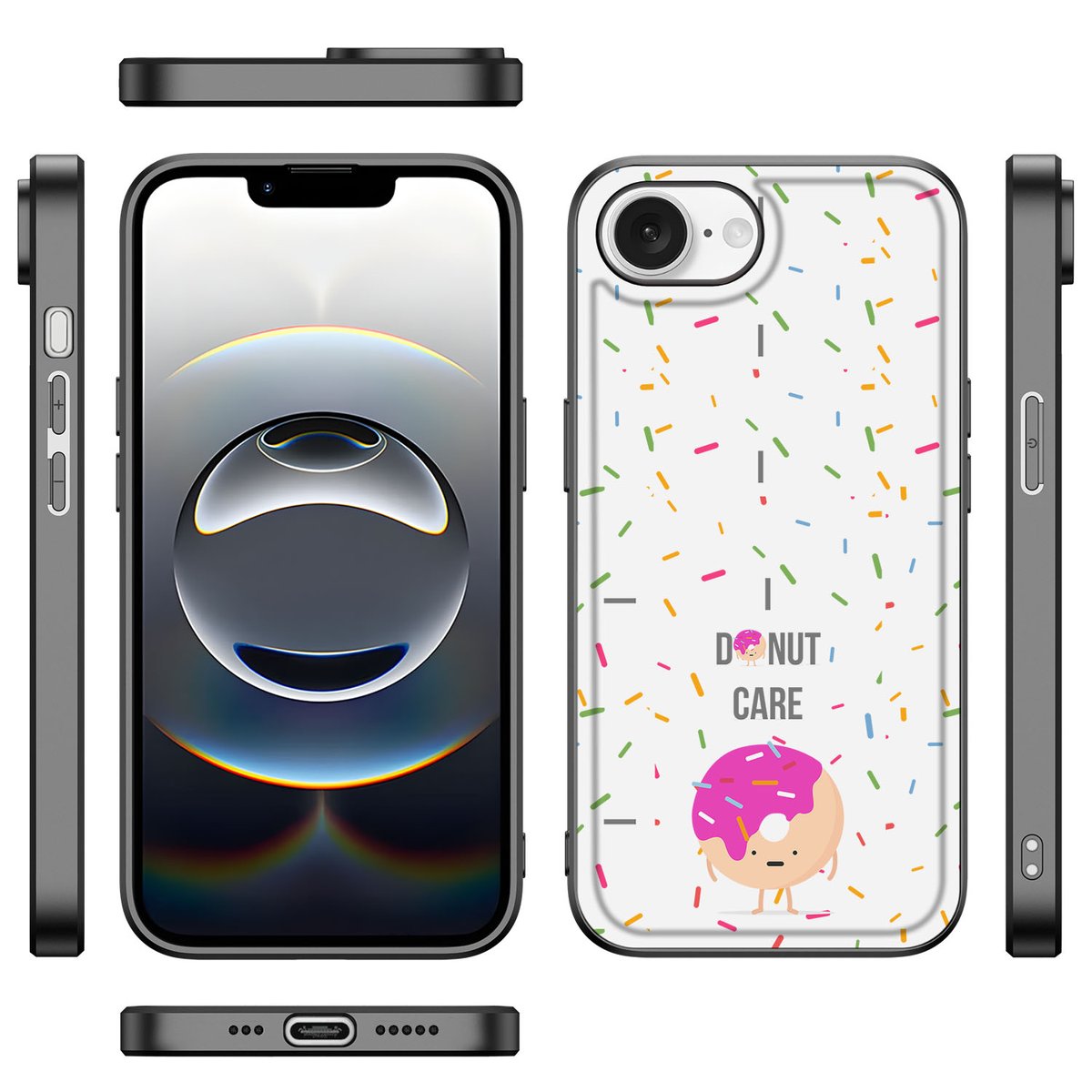 Apple iPhone 16e Back Cover Hoesje Donut Roze zijaanzicht donuts sprinkles design