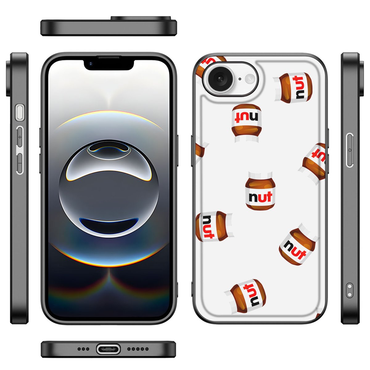 Apple iPhone 16e Back Cover Hoesje Nut Jar Eten & Drinken voorkant zijkant achterkant