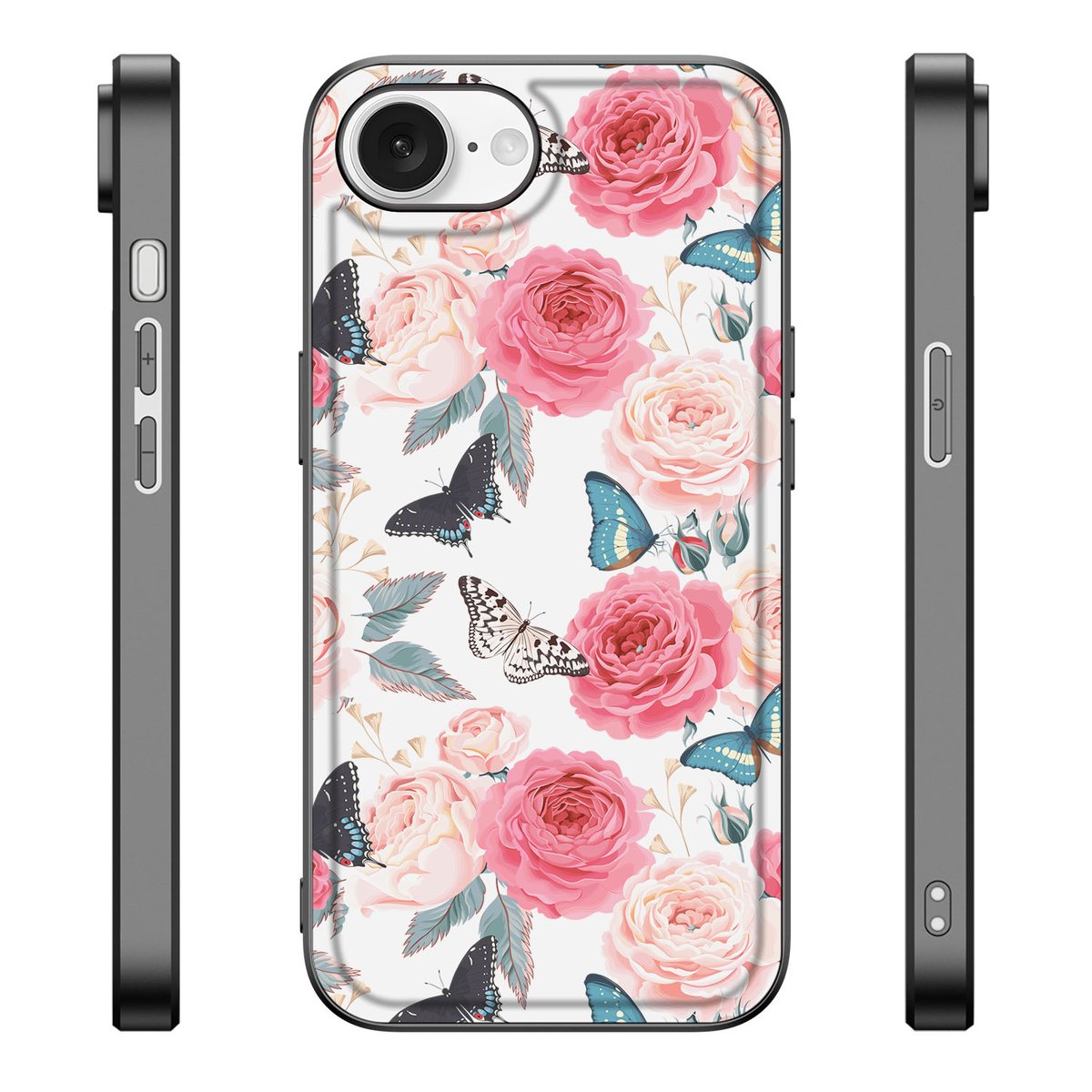 Apple iPhone 16e Bloemen Hoesje Butterfly Roses bloemen print aanzicht