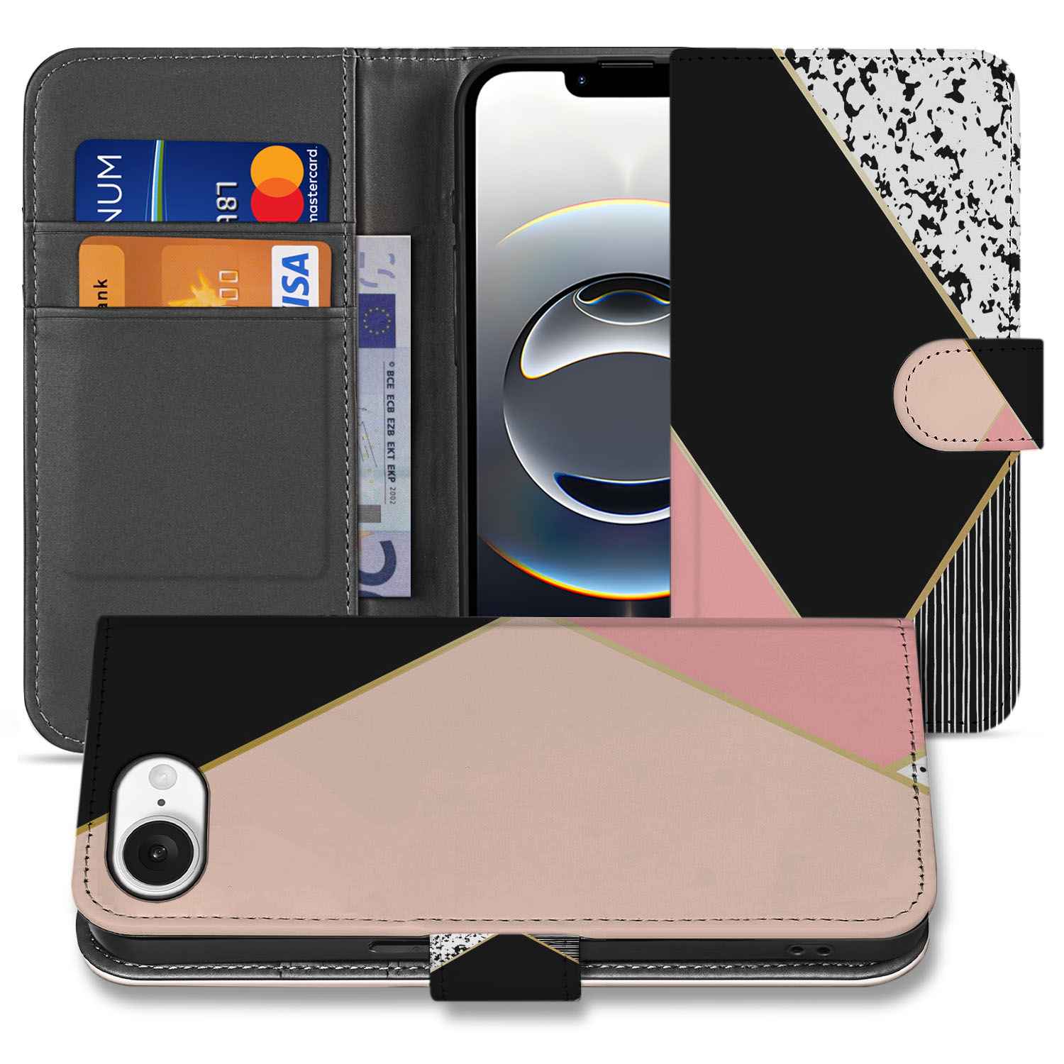iPhone 16e Book Case Zwart Roze Vormen bookcase geometrisch design voorkant