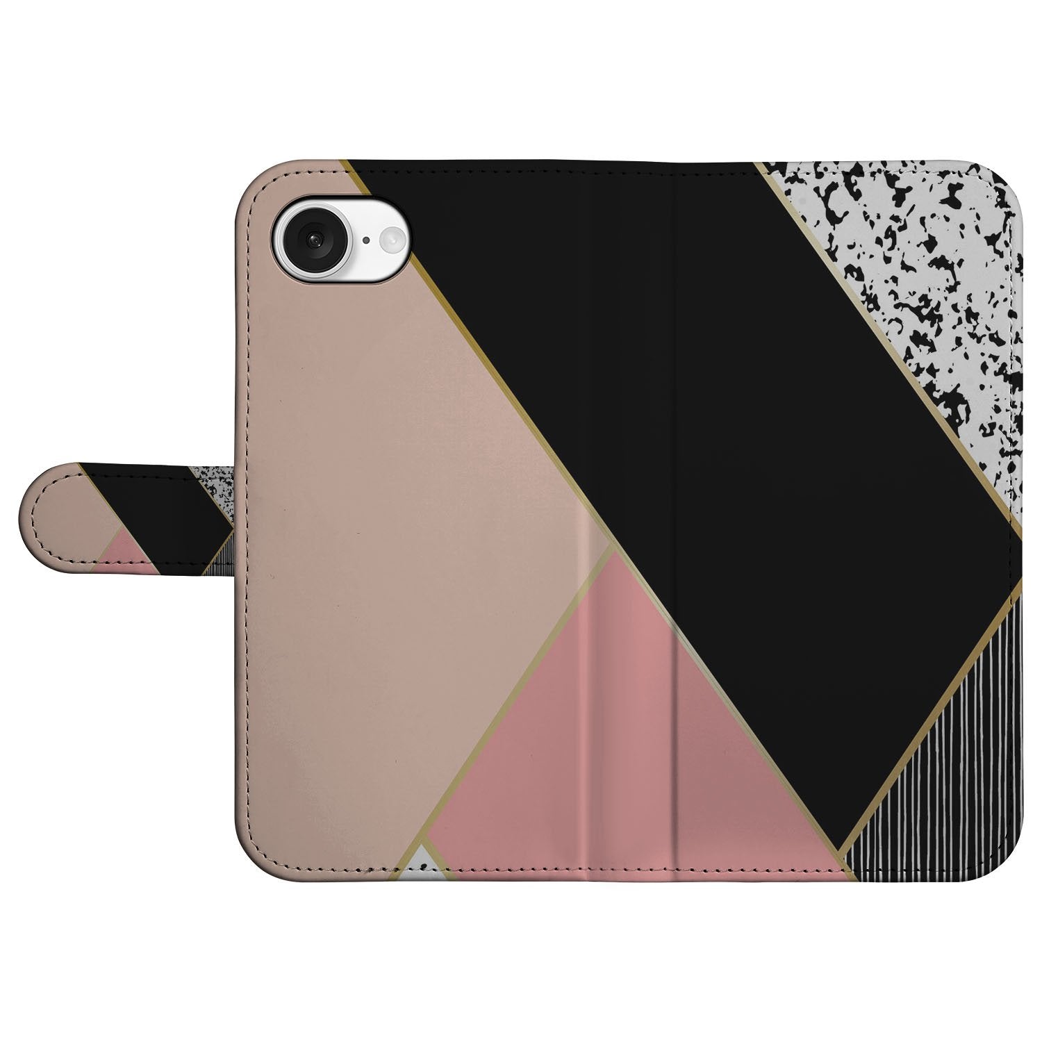iPhone 16e Book Case Zwart Roze Vormen geometrisch ontwerp achterkant