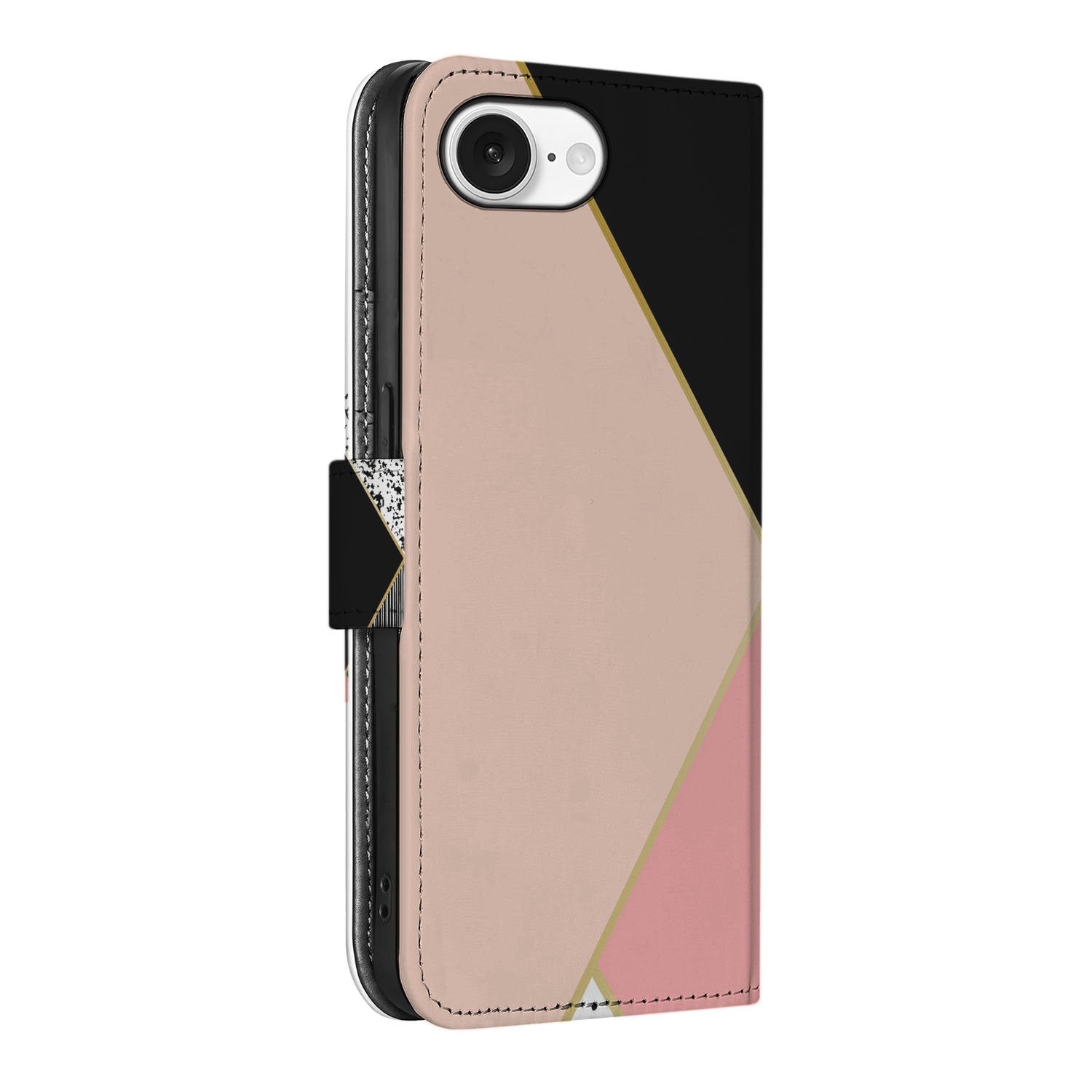iPhone 16e Book Case Zwart Roze Vormen Book Case geometrisch zijaanzicht