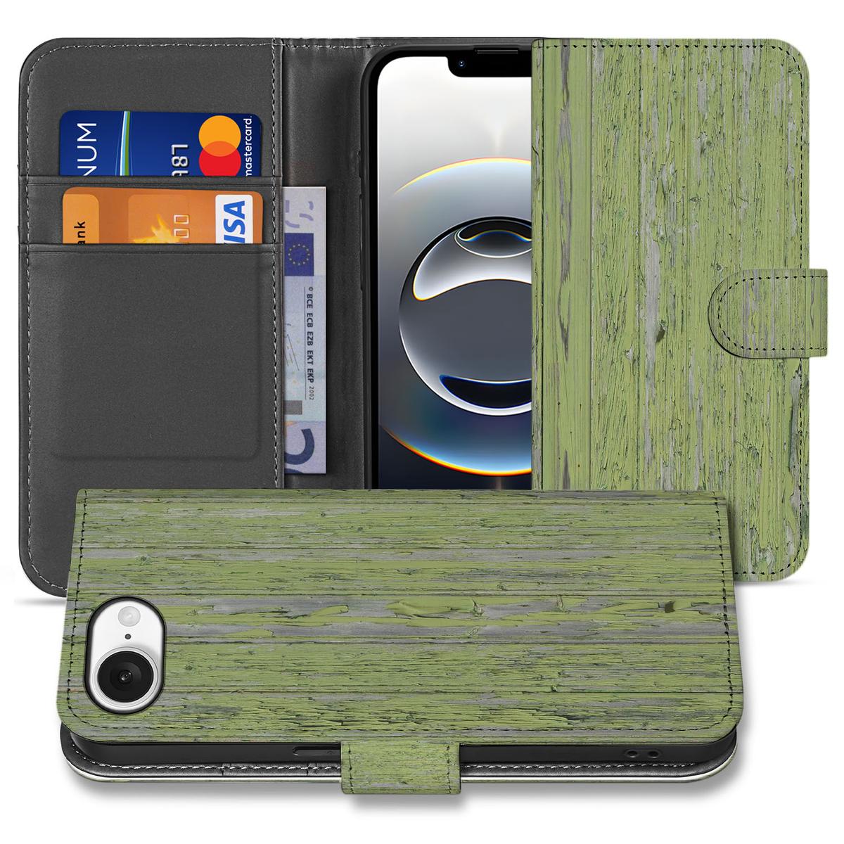 iPhone 16e Book Style Case Green Wood boekhoesje front achterkant groen hout