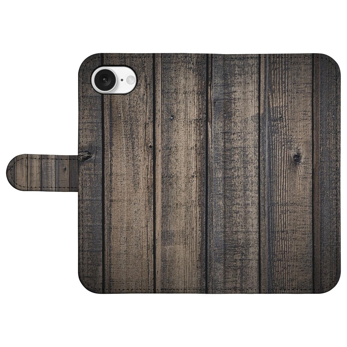 iPhone 16e Book Style Case Steigerhout houten design voorkant