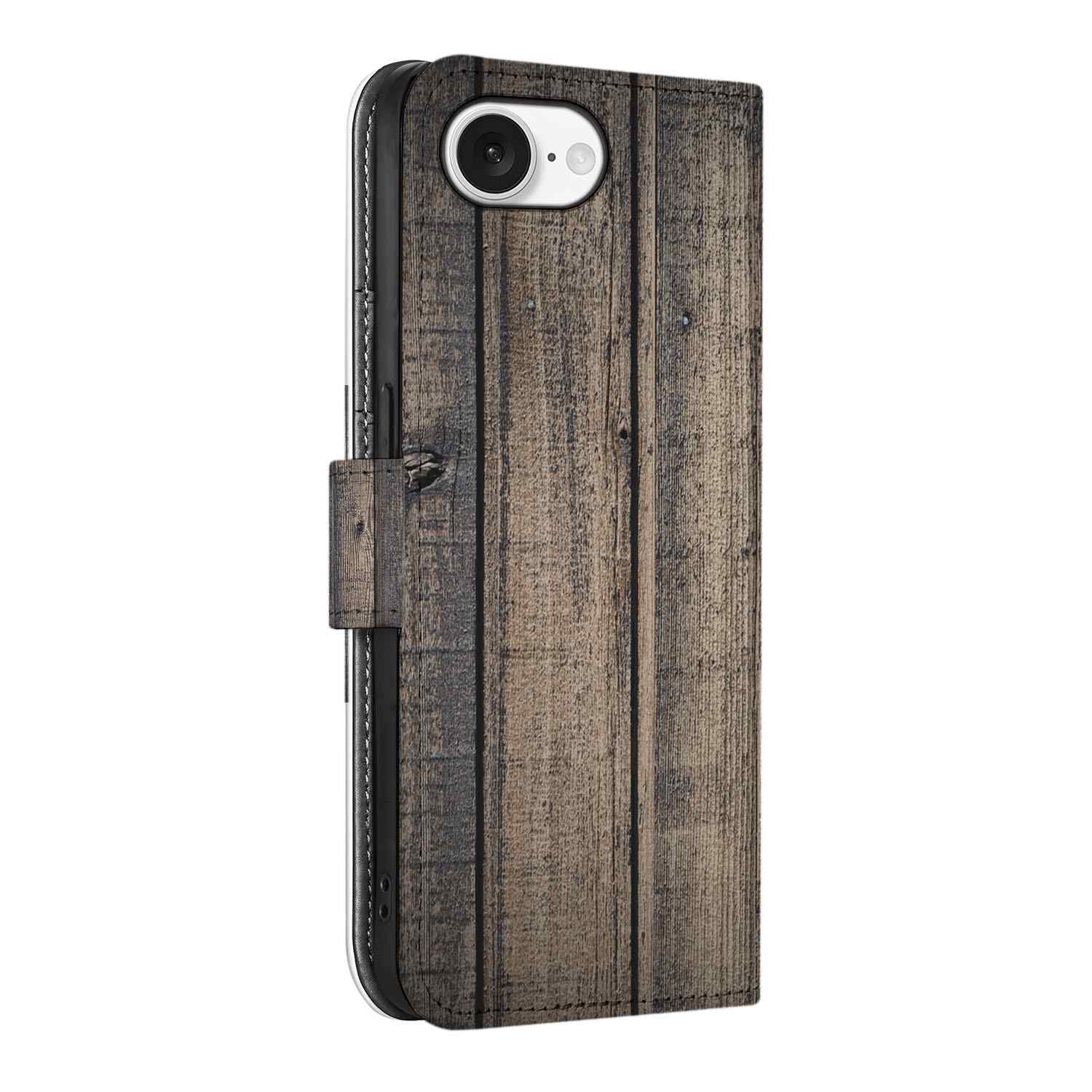 iPhone 16e Book Style Case Steigerhout bookstyle houten design voorkant