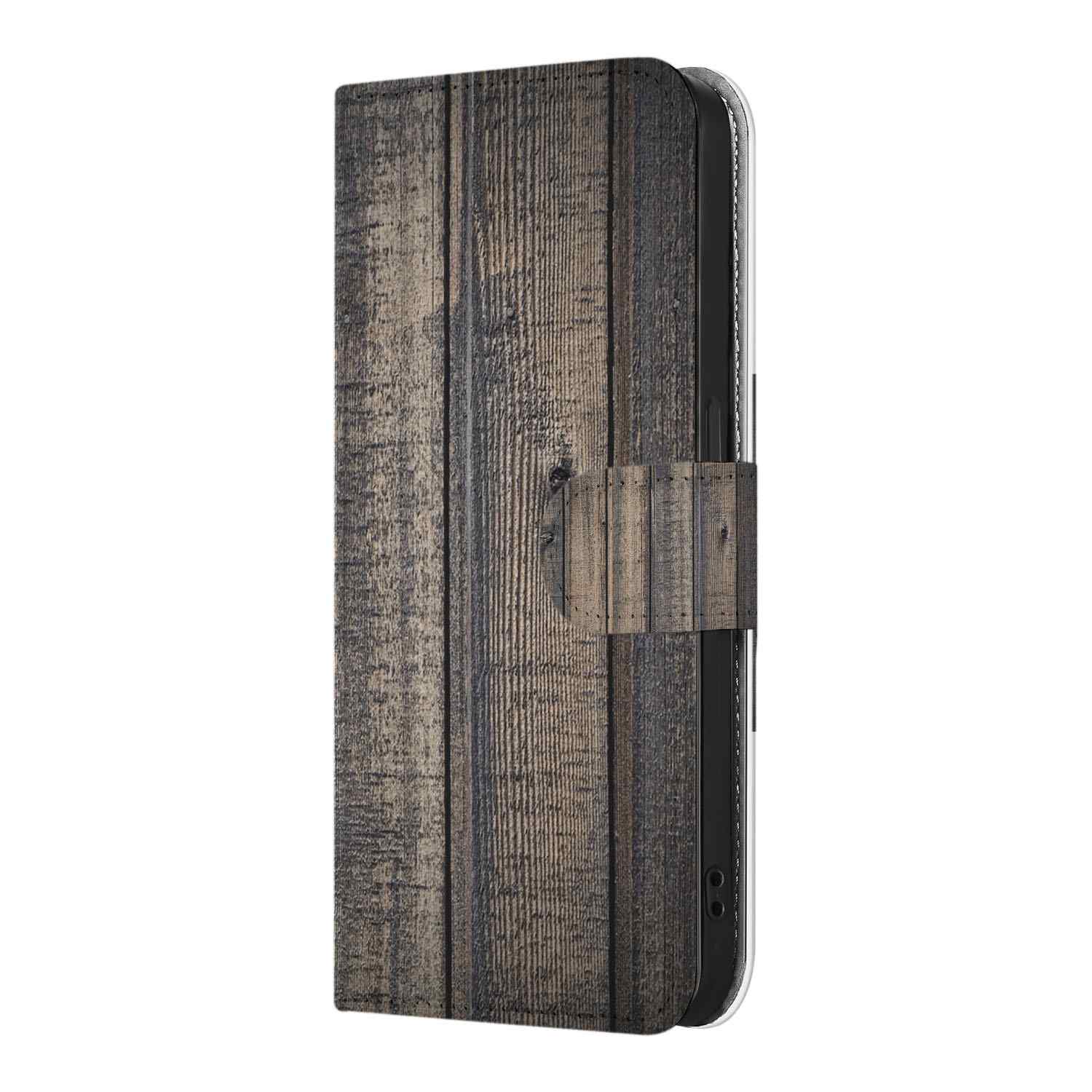 iPhone 16e Book Style Case Steigerhout houten design aanzicht