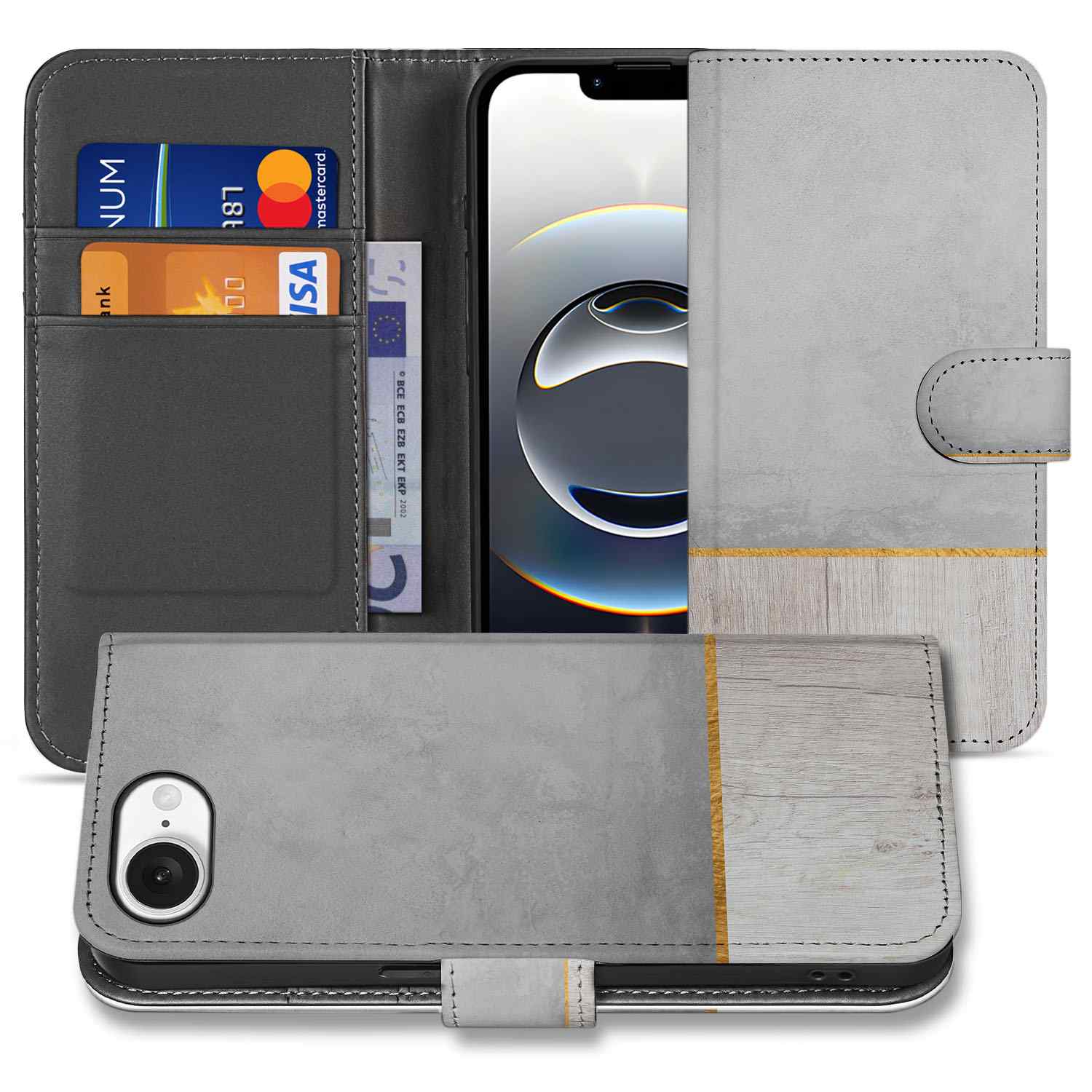iPhone 16e Book Style Case Wood Concrete bookcase beton TPU kunstleer aanzicht