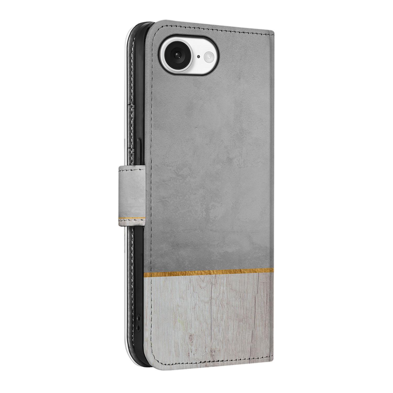 iPhone 16e Book Style Case Wood Concrete bookcase grijs bruin zijaanzicht