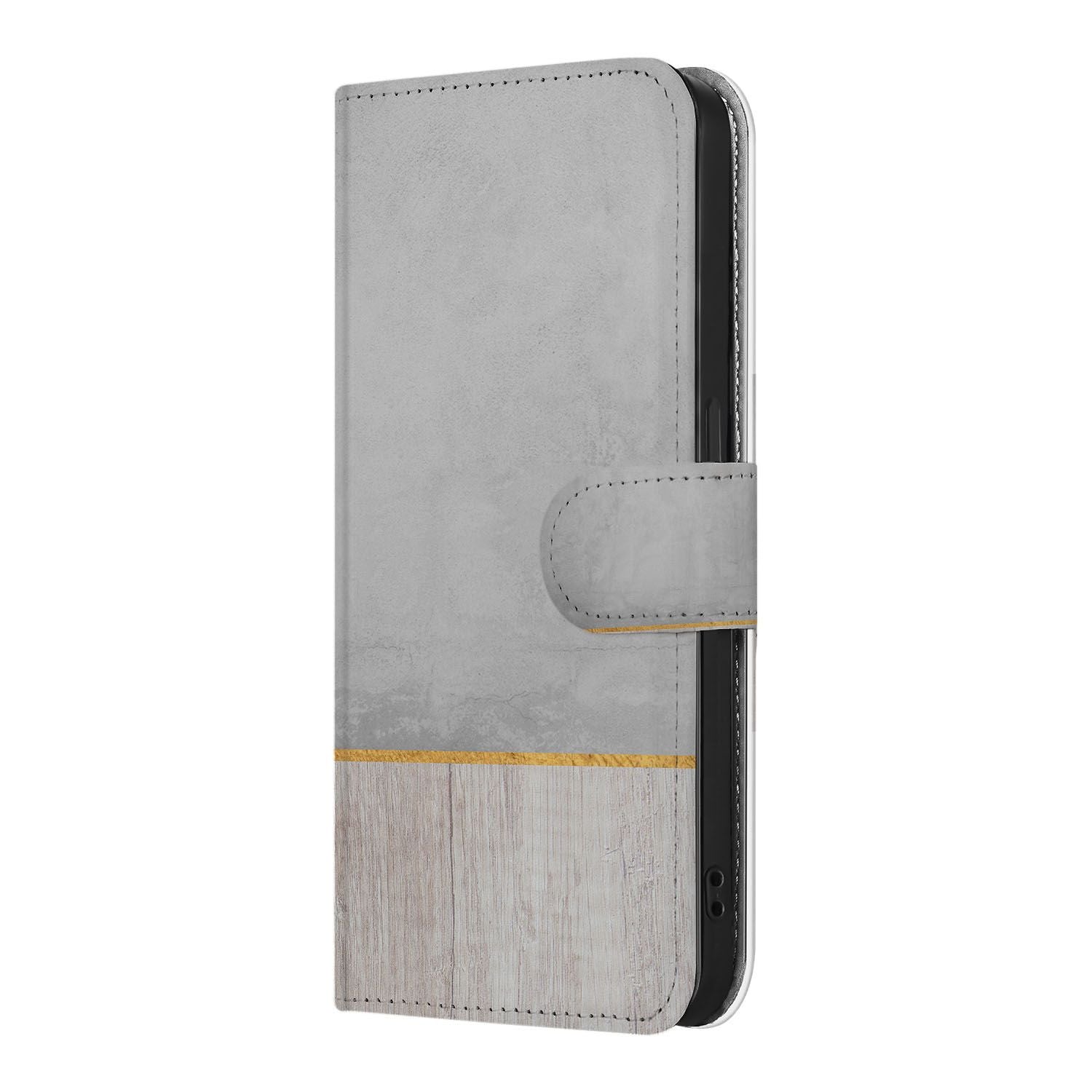 iPhone 16e Book Style Case Wood Concrete bookcase design zijaanzicht