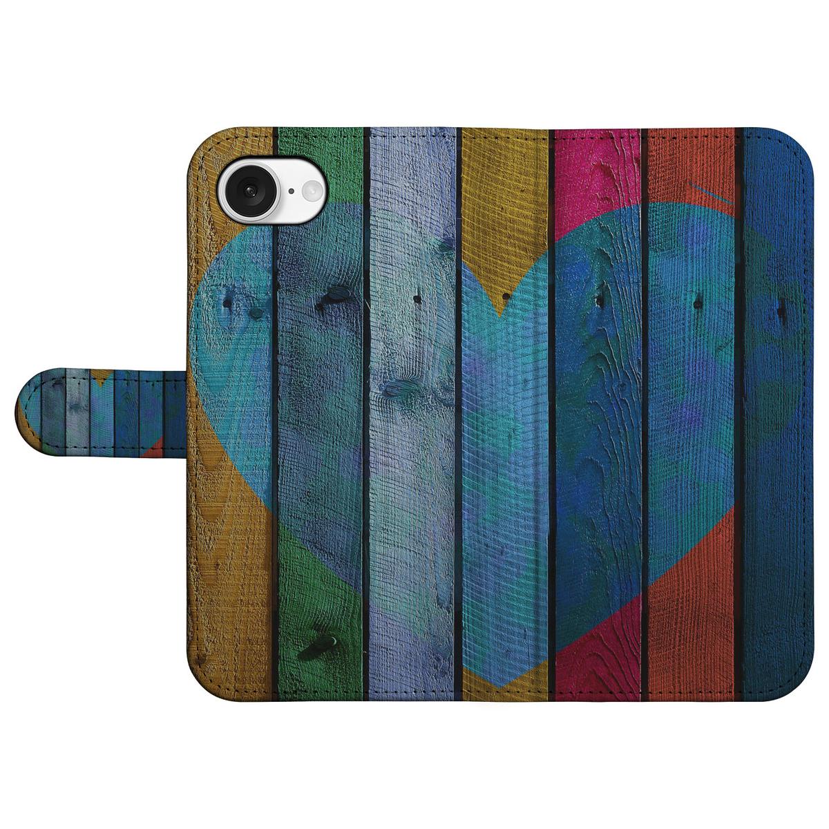 iPhone 16e Book Style Case Wood Heart cadeau voor je vriend boekhoesje hart hout voorkant