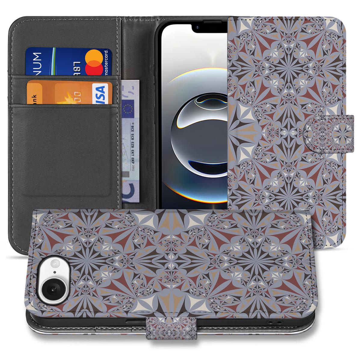iPhone 16e Bookcase Flower Tiles boekhoes bloemen tegels vooraanzicht
