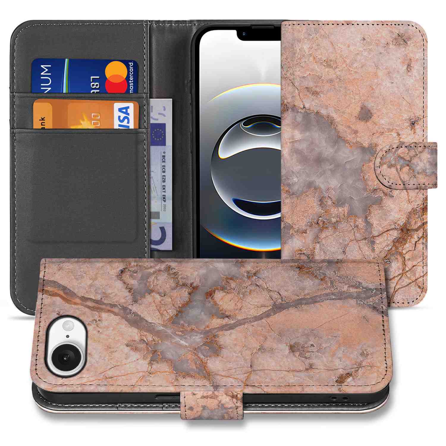 iPhone 16e Bookcase Marmer Oranje telefoonhoesje design oranje marmer aanzicht
