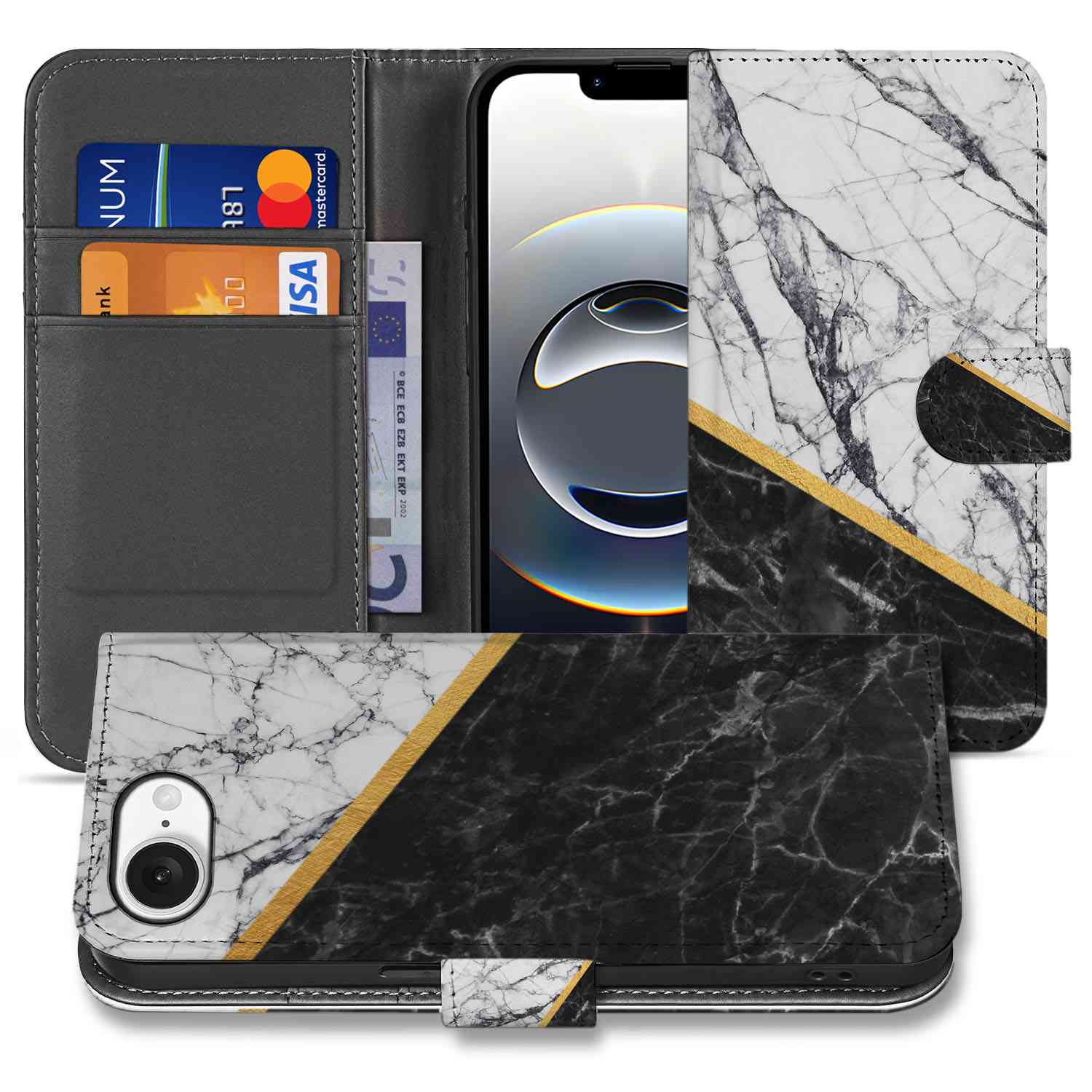 iPhone 16e Bookcase Marmer Wit Zwart design zwart wit marmer met gouden lijn aanzicht