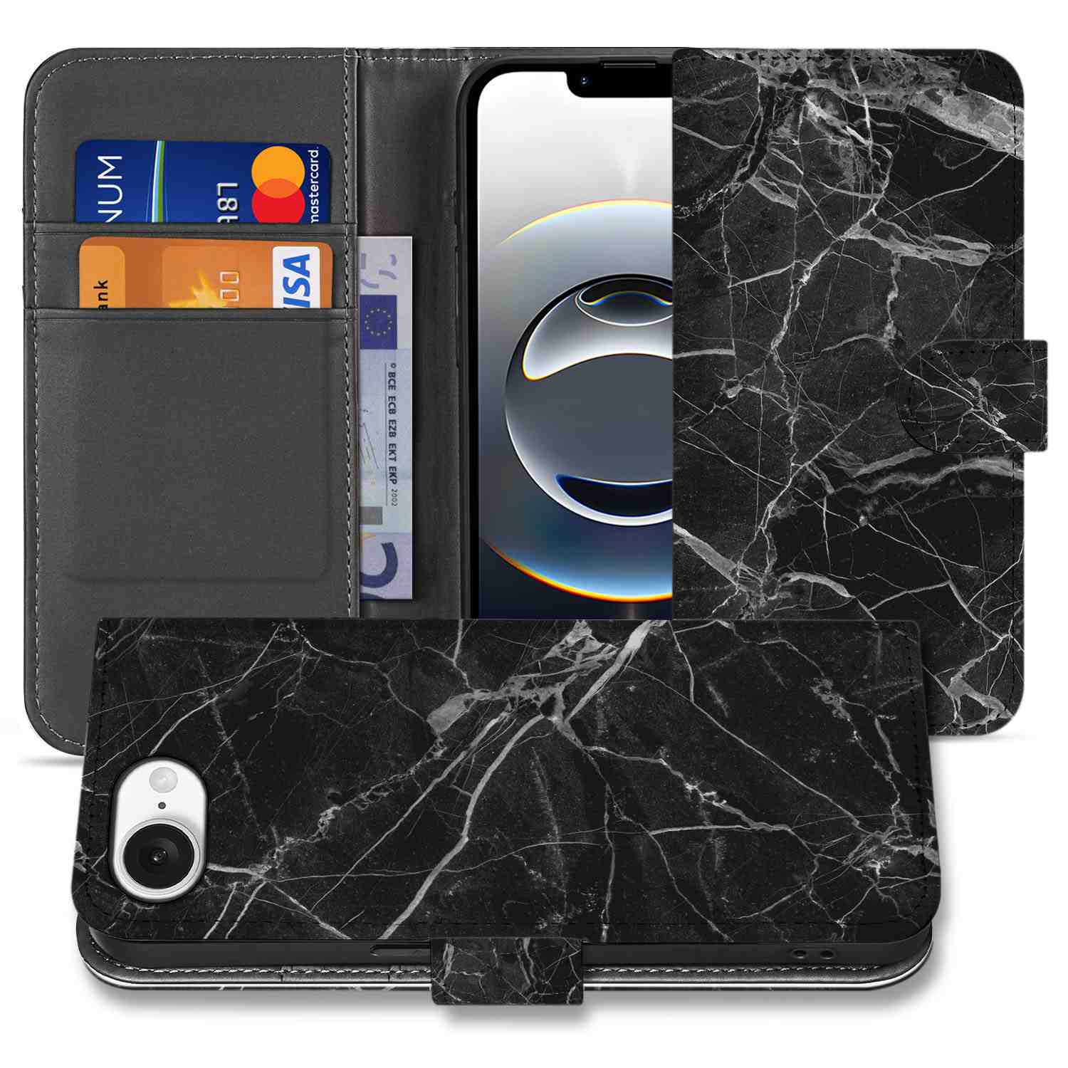 iPhone 16e Bookcase Marmer Zwart originele cadeau vader telefoonhoesje zwart marmer design vooraanzicht