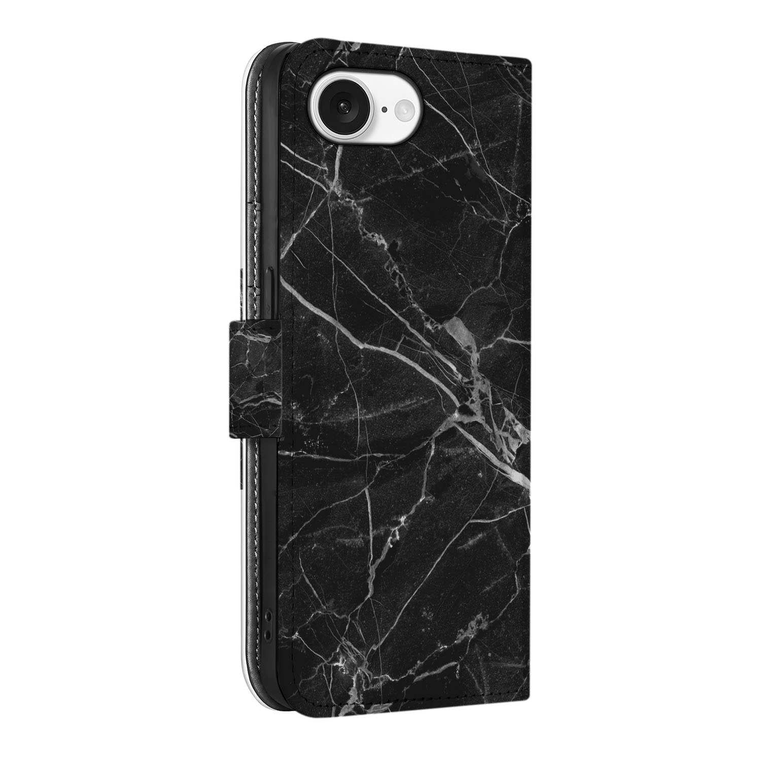 iPhone 16e Bookcase Marmer Zwart telefoonhoesje artistiek marmer design zijkant