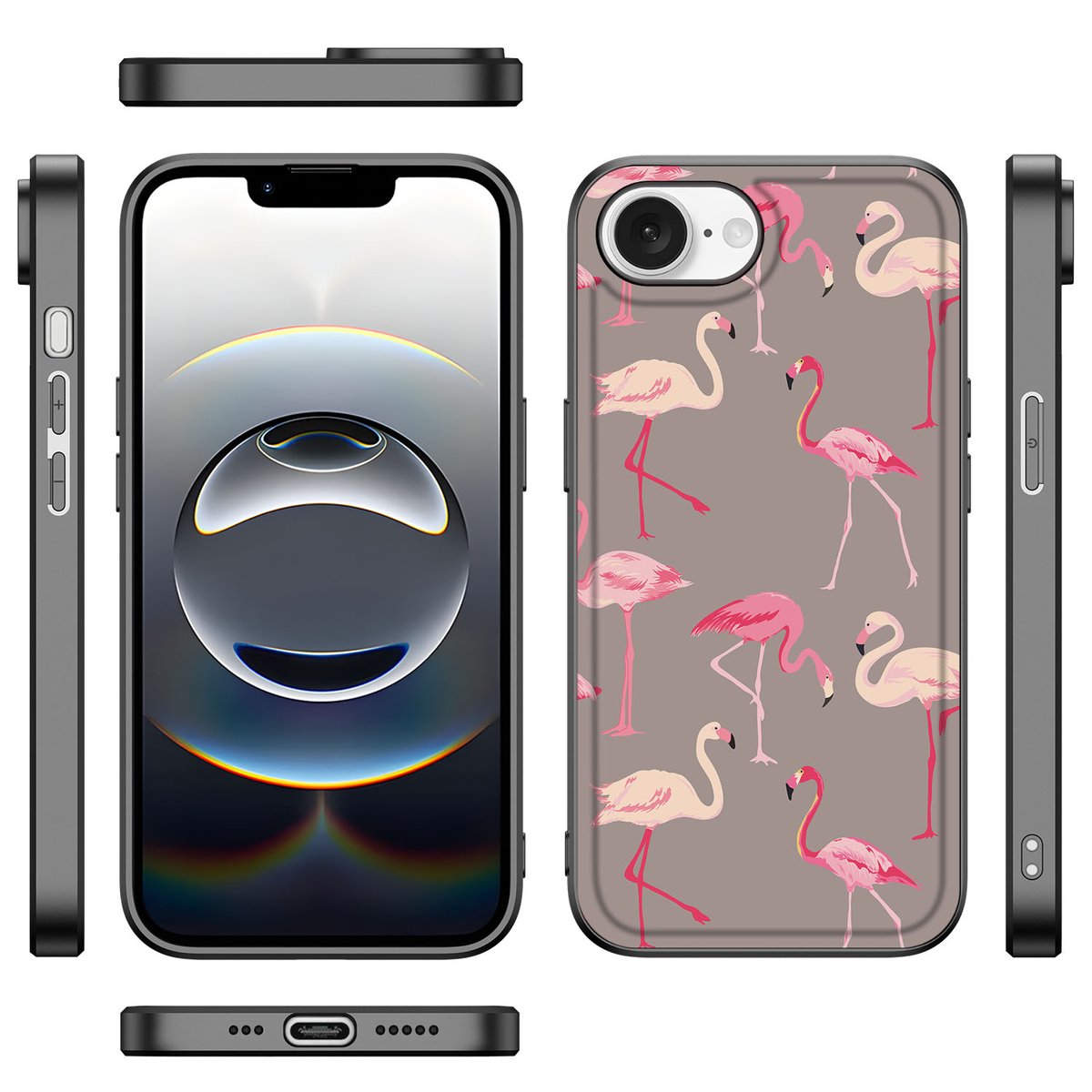 Apple iPhone 16e iPhone 16e Dierenprint Telefoonhoesje Flamingo design zij aanzicht