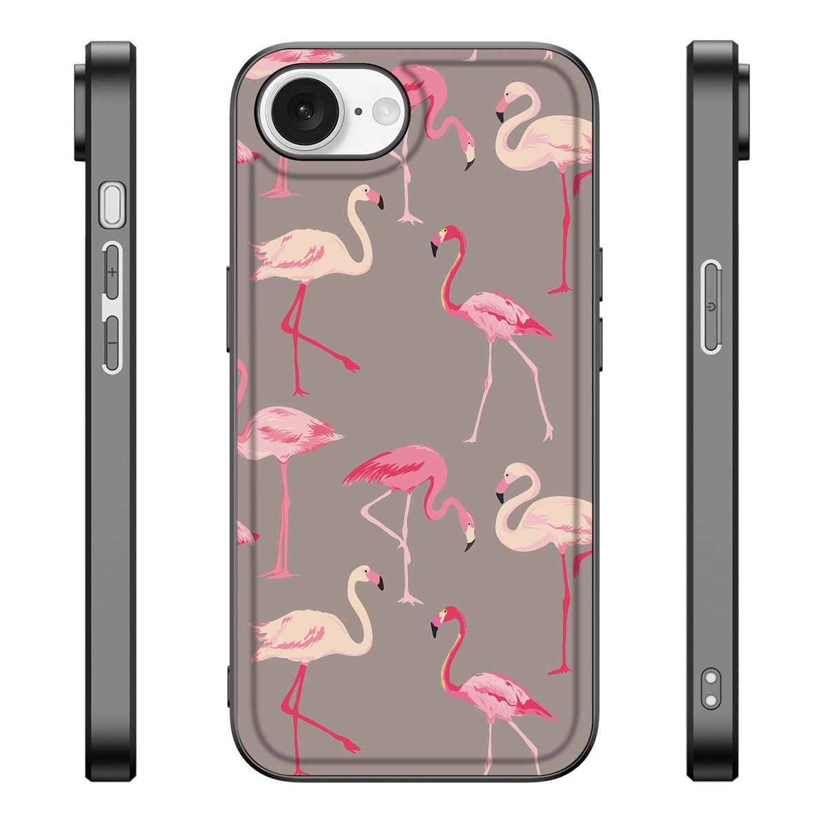 Apple iPhone 16e Dierenprint Telefoonhoesje Flamingo dierenprint achterkant zijaanzicht