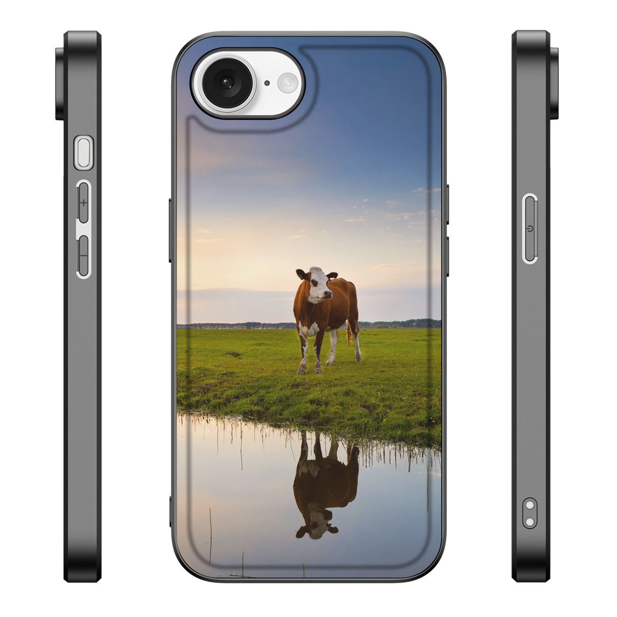 iPhone 16e Dierenprint Telefoonhoesje Koe koe illustratie vooraanzicht zijkanten