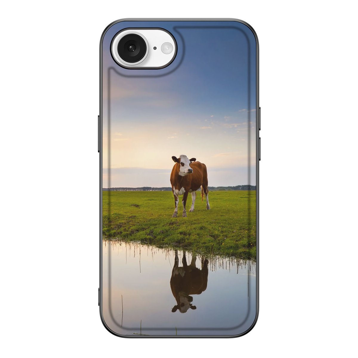 Apple iPhone 16e iPhone 16e Dierenprint Telefoonhoesje Koe koe landschap spiegeling