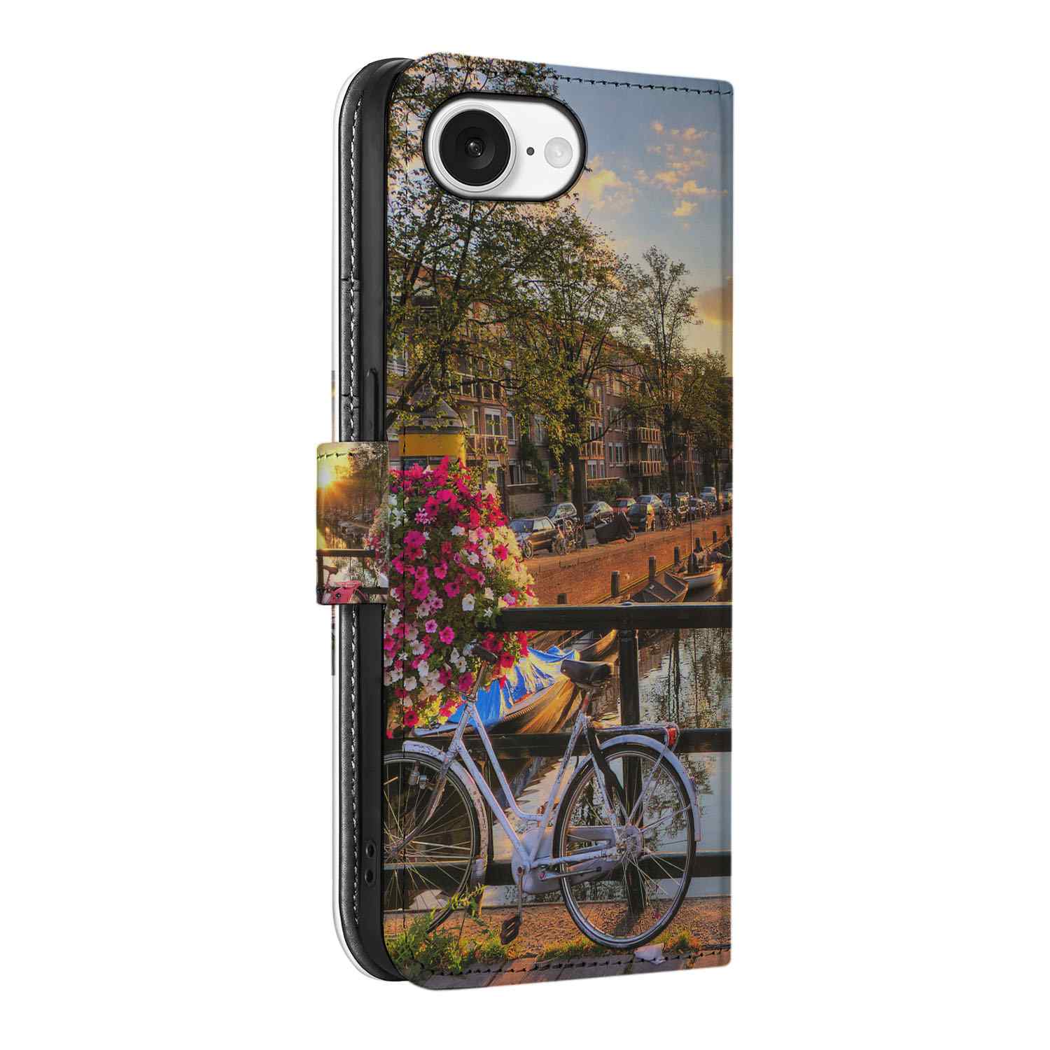 Apple iPhone 16e Flip Cover Amsterdamse Grachten fiets bloemen zijkant