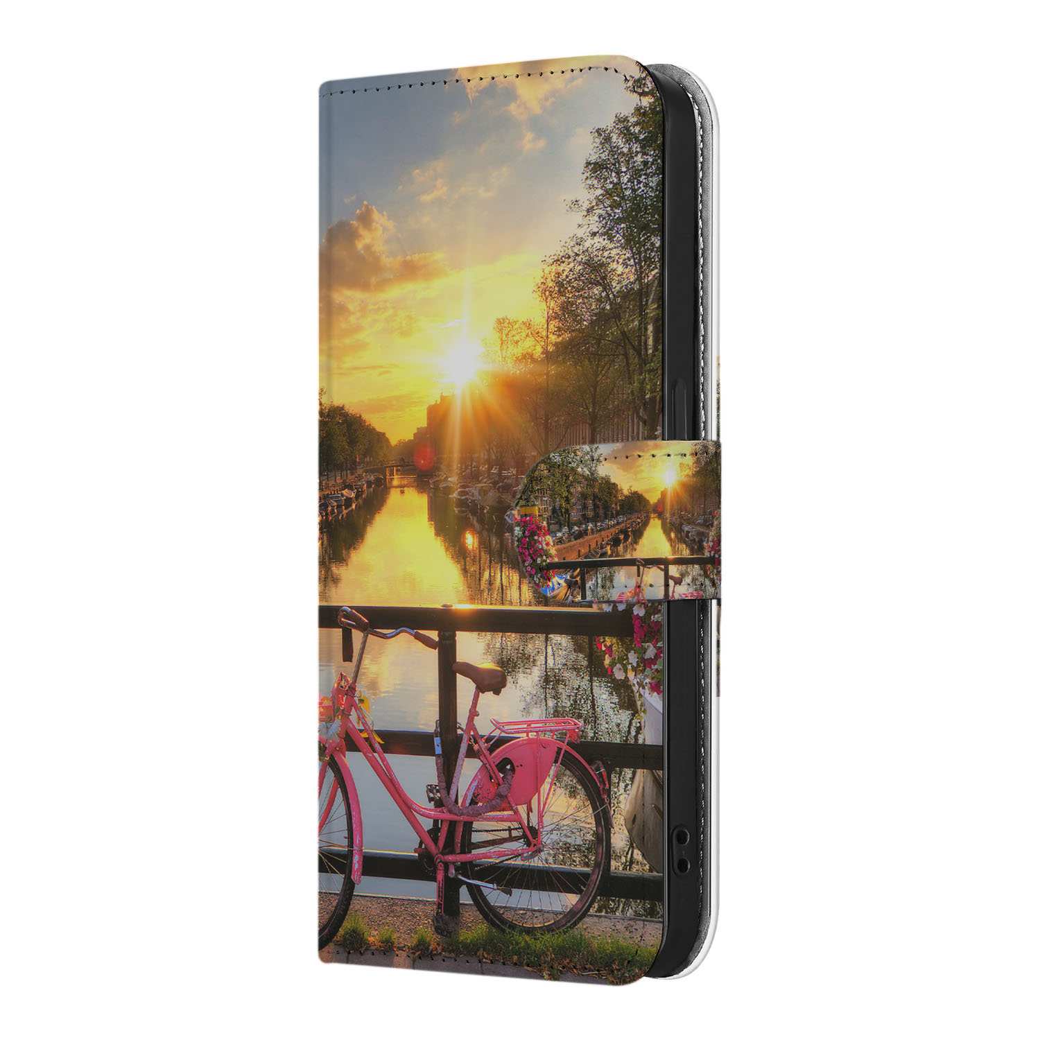iPhone 16e Flip Cover Amsterdamse Grachten flip cover zonsondergang fiets Amsterdam