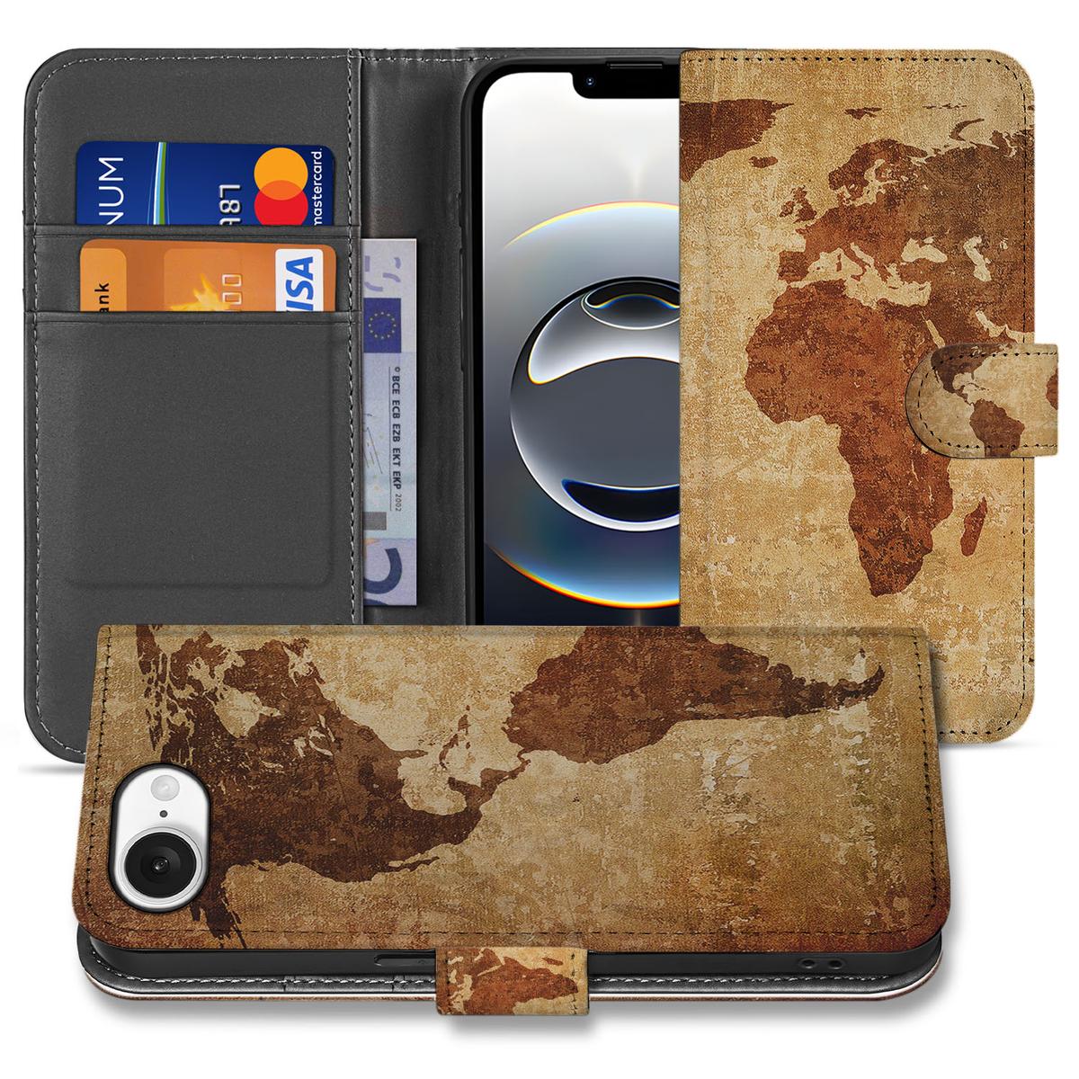 iPhone 16e Flip Cover Wereldkaart flip cover wereldkaart voorzijde achterzijde