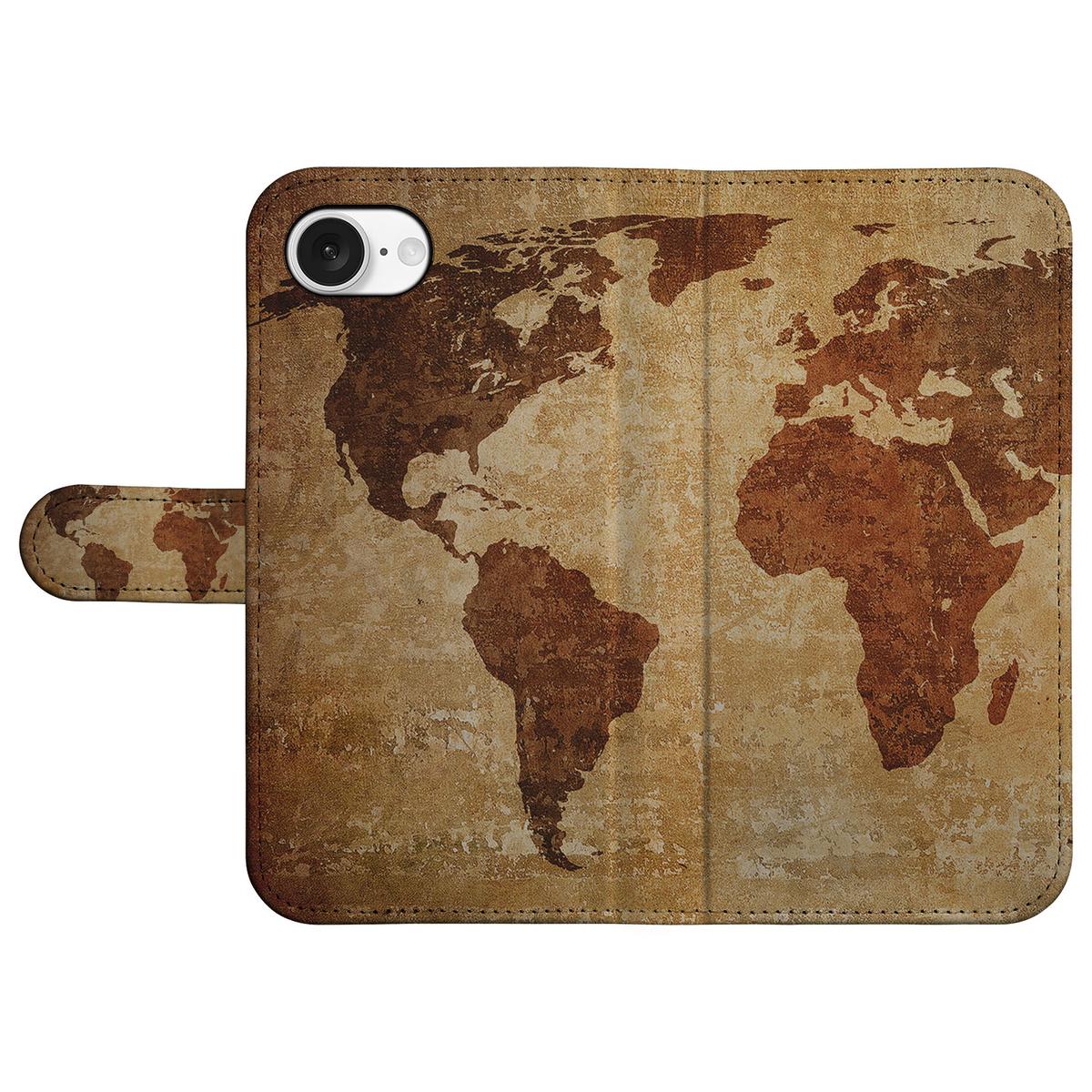iPhone 16e Flip Cover Wereldkaart flip cover wereldkaart bruin