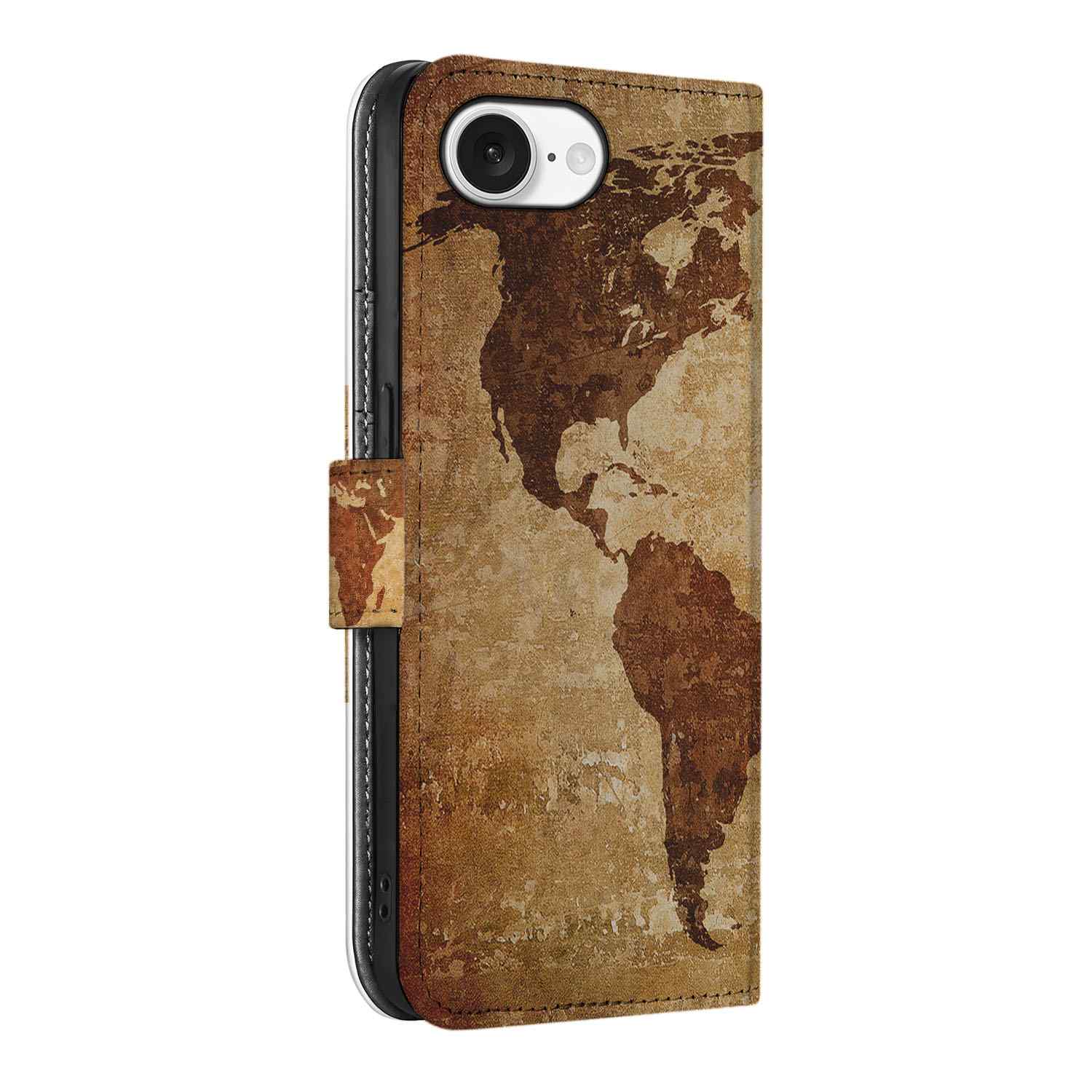iPhone 16e Flip Cover Wereldkaart flip cover wereldkaart aanzicht