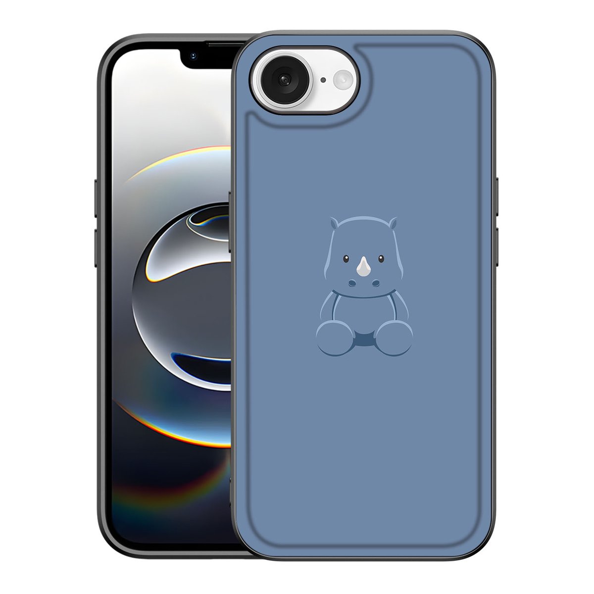 Apple iPhone 16e Hoesje Baby Rhino hoesje illustraties achterkant blauw