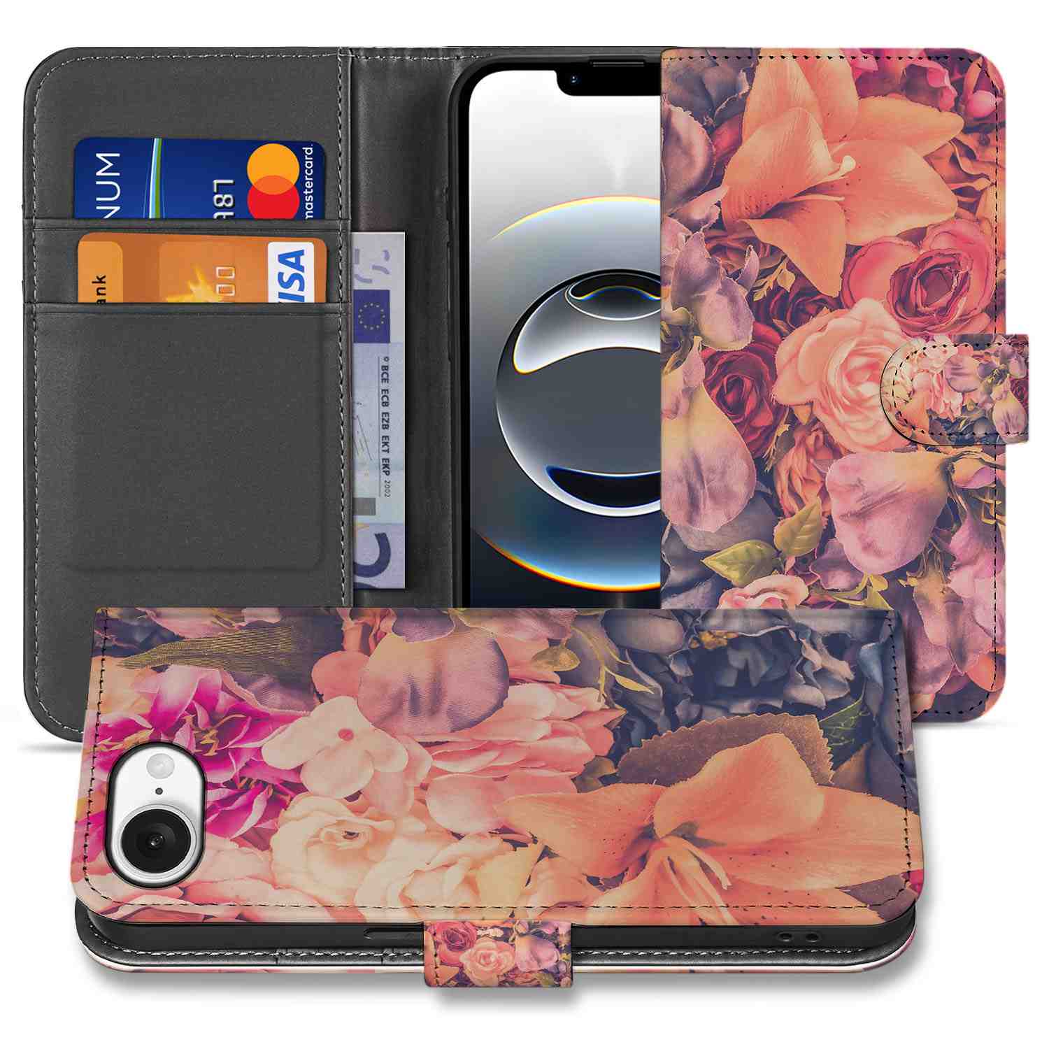 iPhone 16e Hoesje Bosje Bloemen boekhoesje bloemen roze oranje paarse voorkant