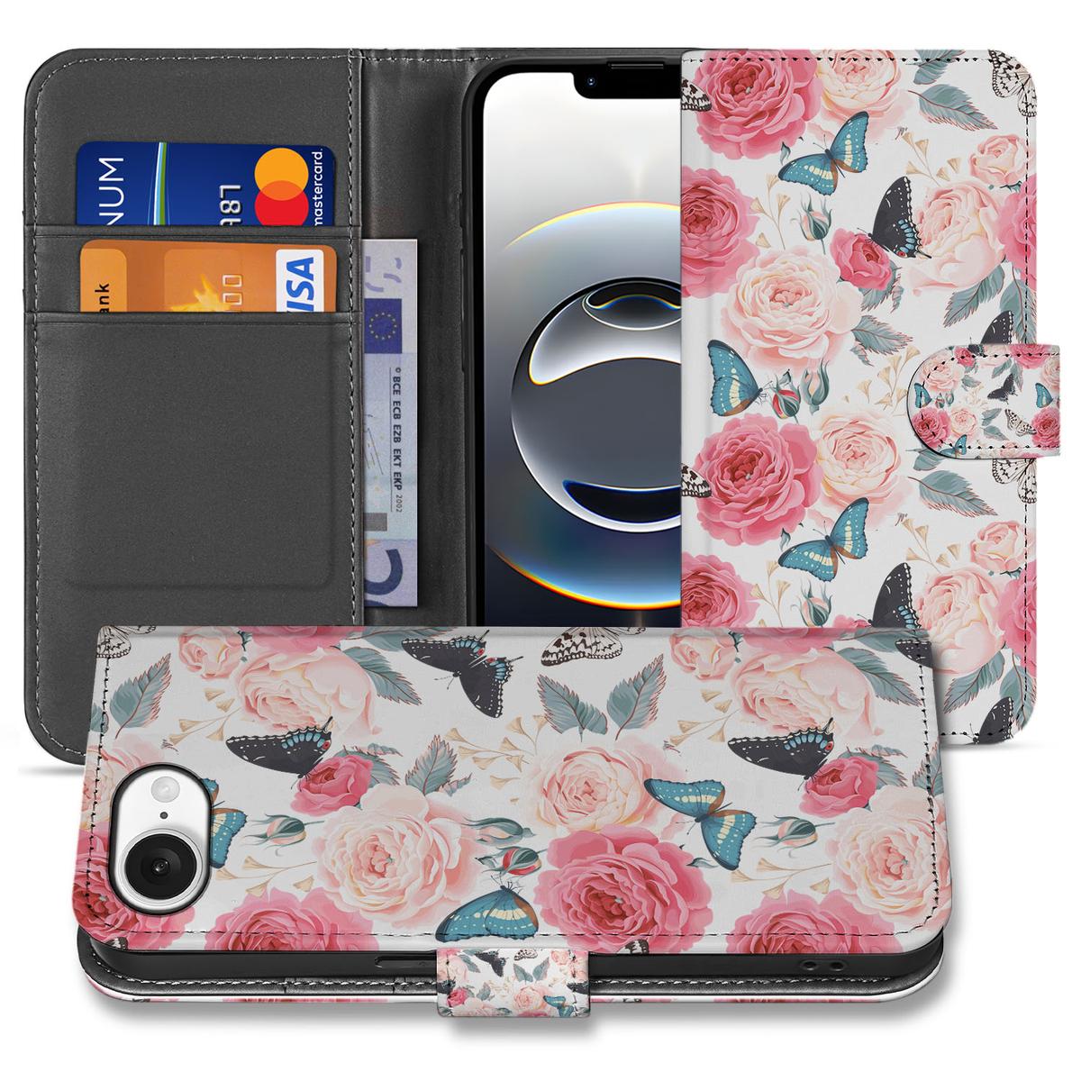 iPhone 16e Hoesje Butterfly Roses telefoonhoesje vlinders rozen voorkant achterzijde