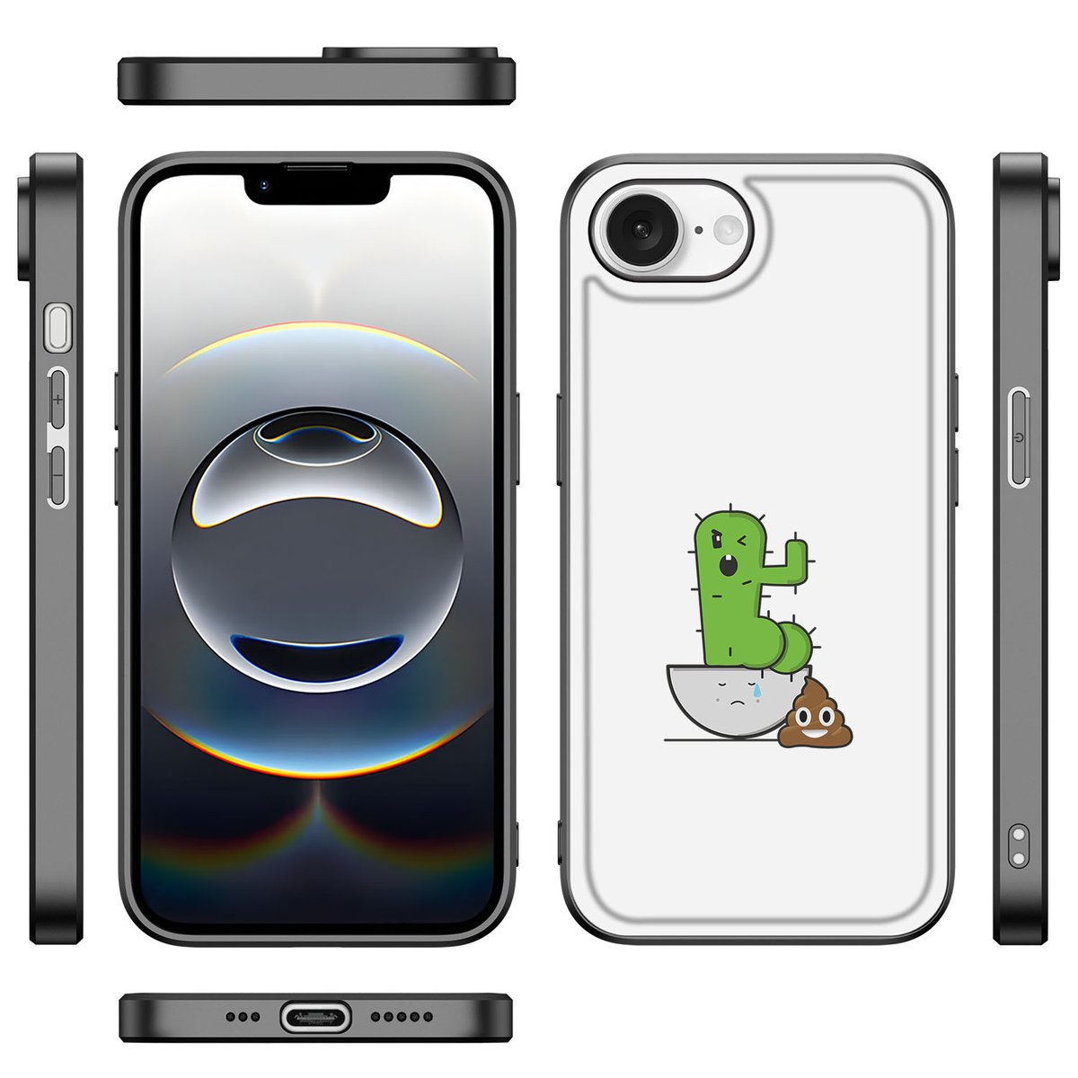 Apple iPhone 16e Hoesje Cactus Poo illustratie voorkant zijkanten achterkant