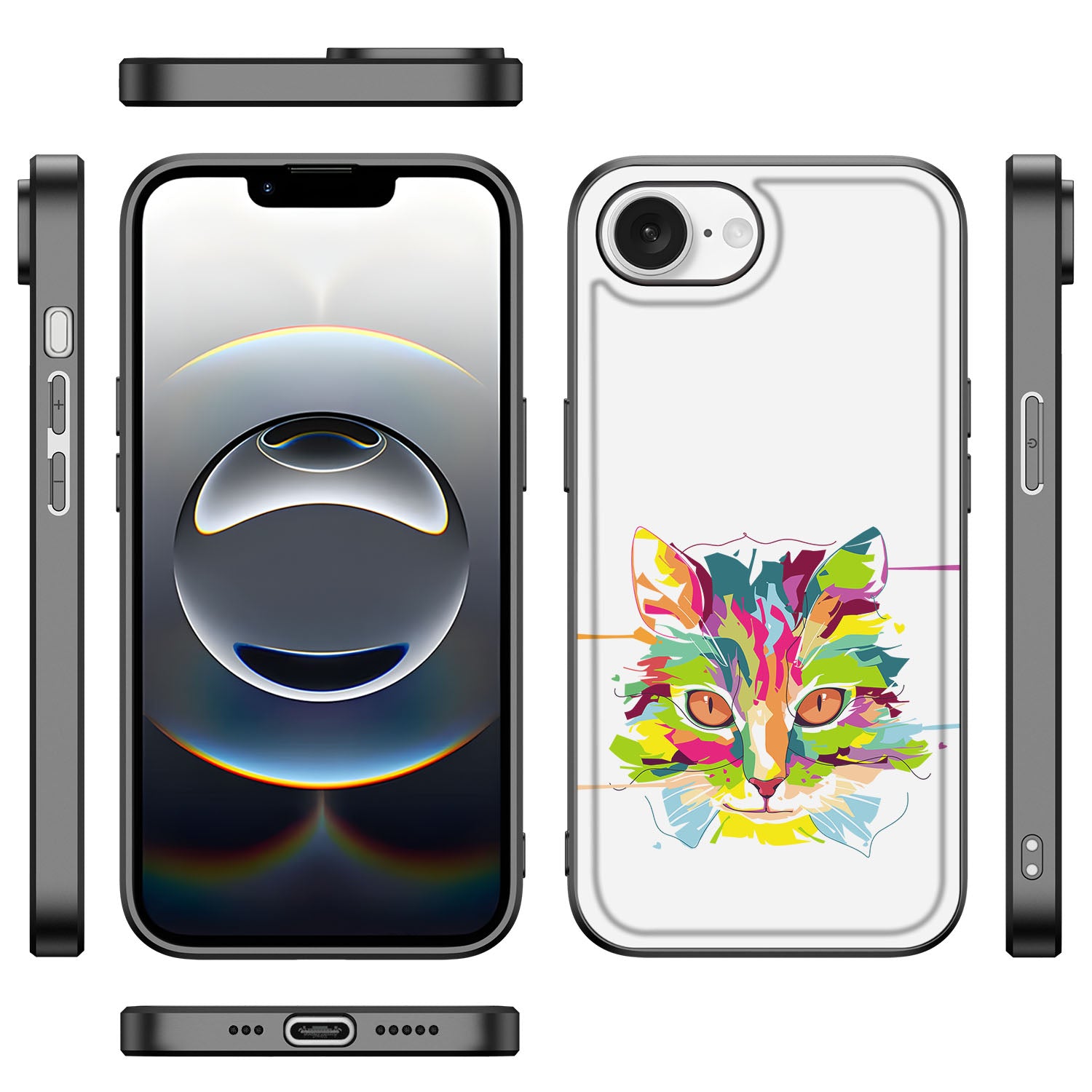 Apple iPhone 16e Hoesje Cat Color back cover kat kleurige illustratie zijkanten