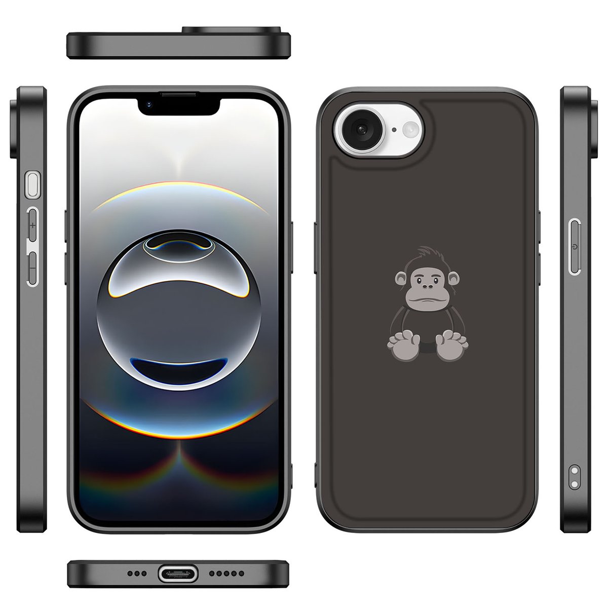 Apple iPhone 16e Hoesje Gorilla illustraties zwart voorkant zijkant achterkant