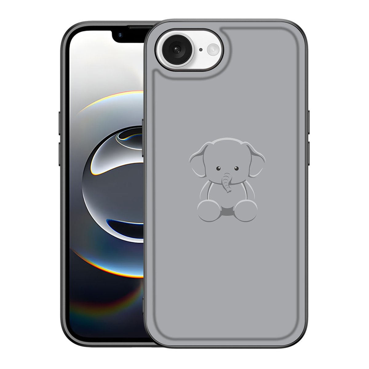 Apple iPhone 16e Hoesje Grijs Baby Olifant hoesje illustratie grijs vooraanzicht