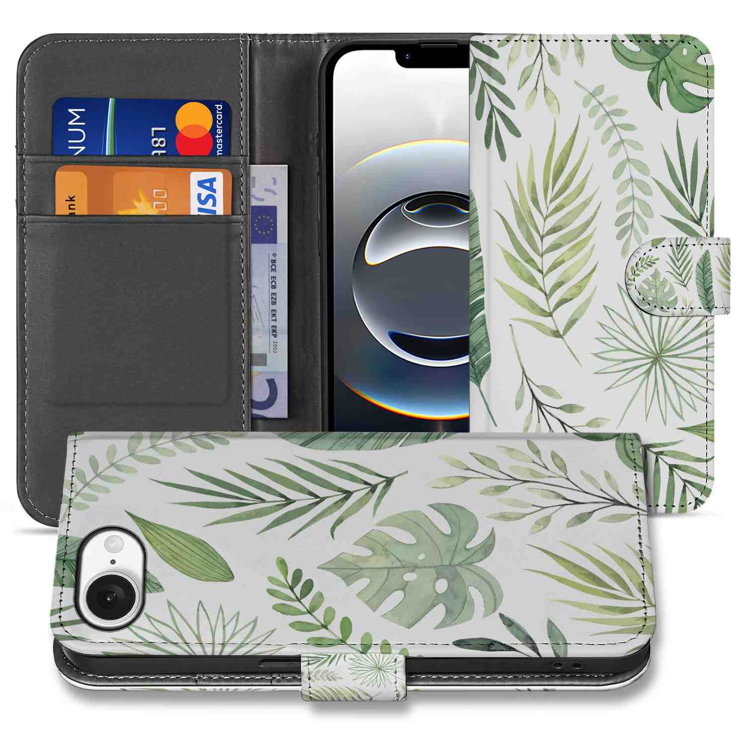 iPhone 16e Hoesje Leaves telefoonhoesje bladeren design voorkant achterkant