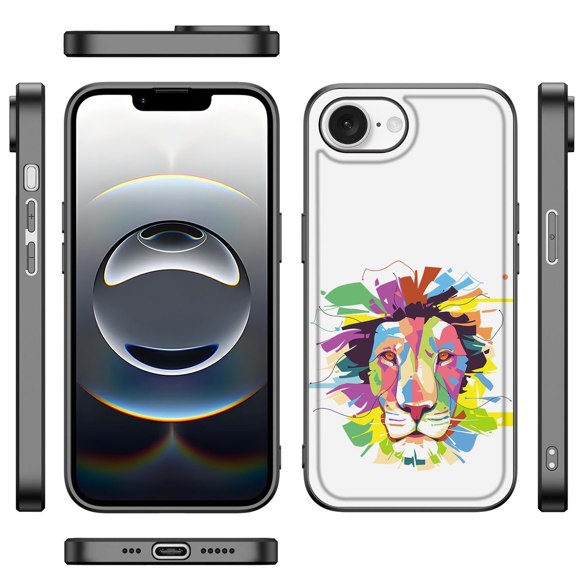 Apple iPhone 16e Hoesje Lion Color hoesje illustratie voorkant zijkanten
