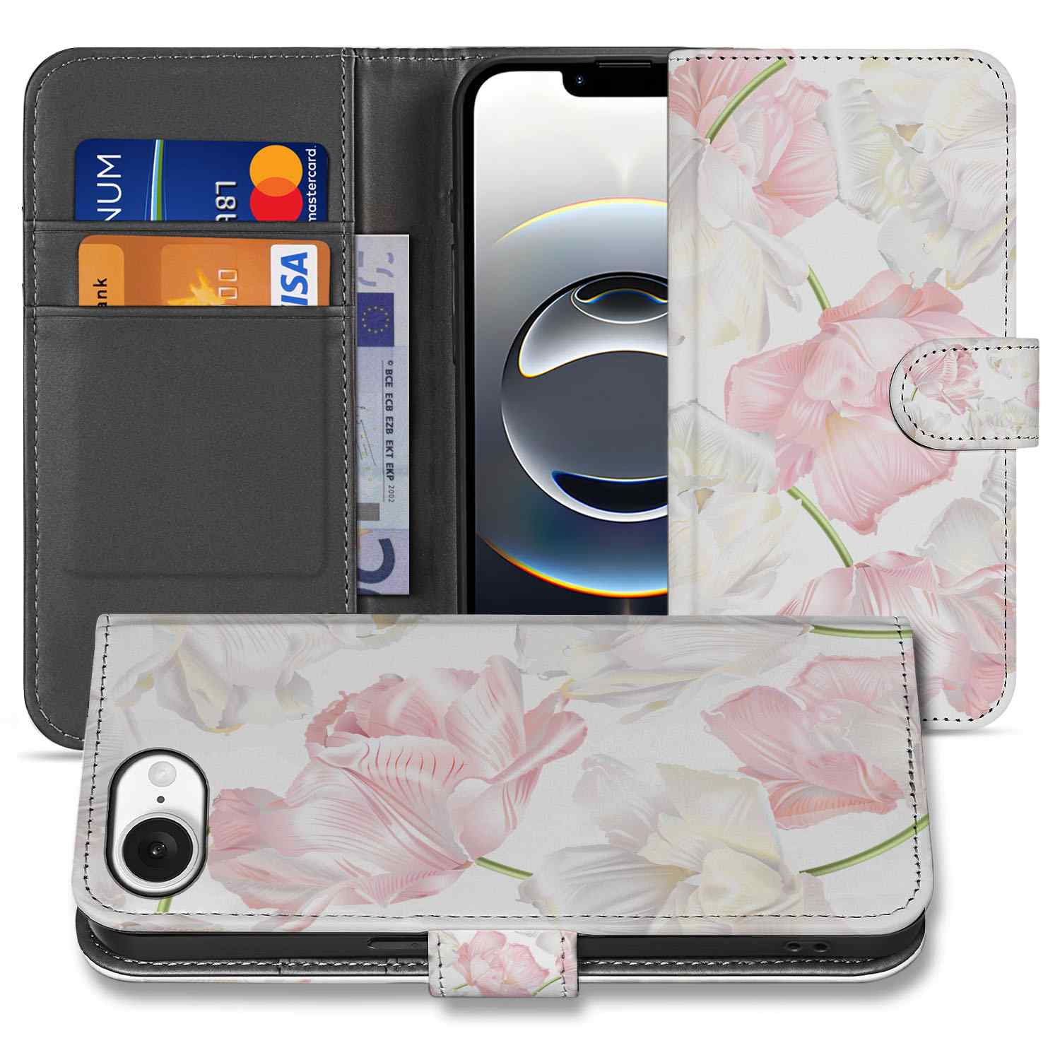 iPhone 16e Hoesje Lovely Flowers boekhoesje witte roze bloemen aanzicht