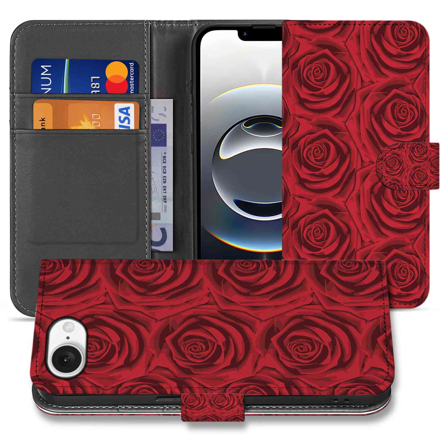 Apple iPhone 16e Hoesje Red Roses voorkant achterkant design