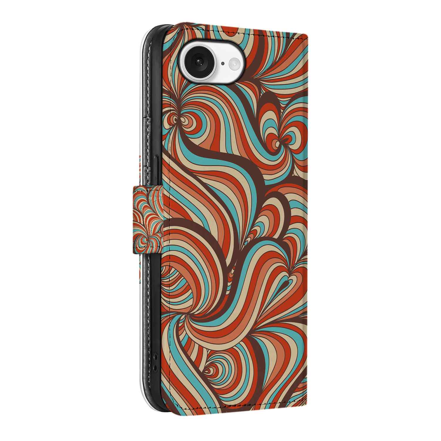 iPhone 16e Hoesje Retro bookcase retro design kleurrijke prints zijkant