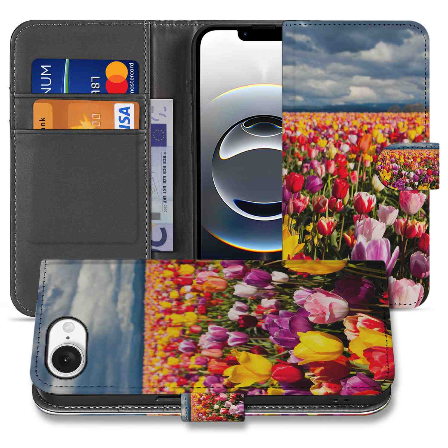 iPhone 16e Hoesje Tulpen boekhoesje tulpenveld kleurrijk vooraanzicht